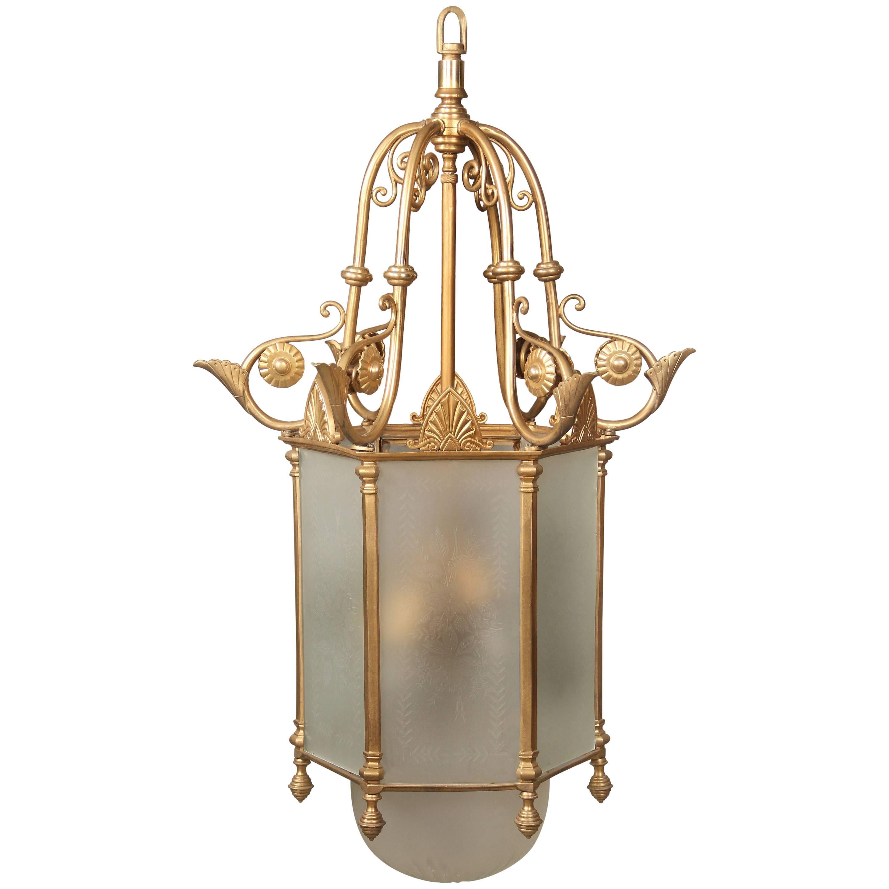 Early 20th Century Gilt Bronze and Etched Glass Lantern