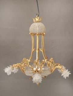 Early 20th Century Gilt Bronze Beaded Basket 13-Light Chandelier