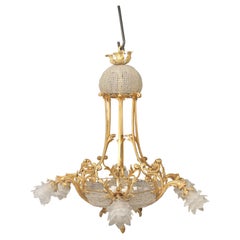 Early 20th Century Gilt Bronze Beaded Basket 13-Light Chandelier