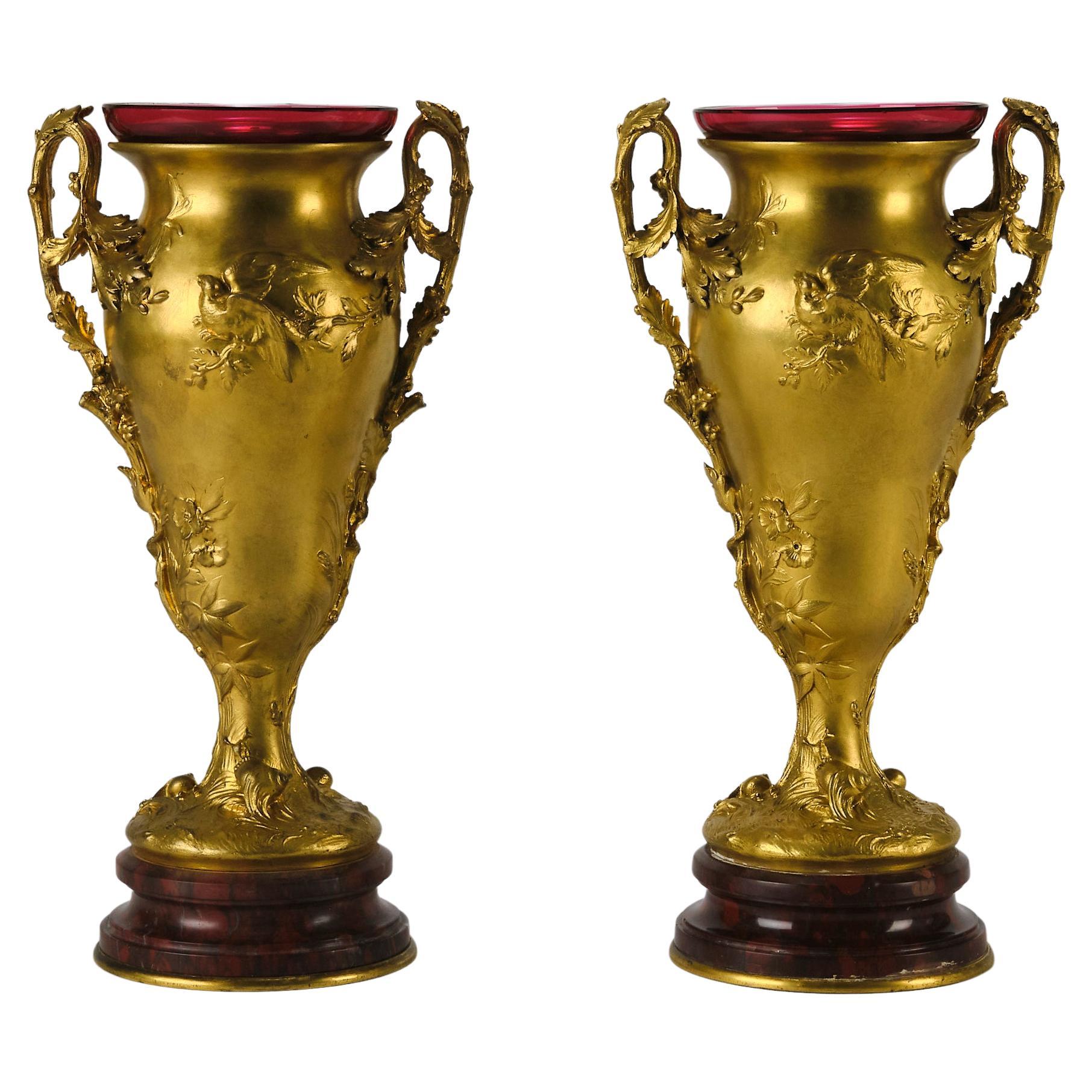 Jarrones decorativos" de bronce dorado de principios del siglo XX, de Ferdinand Barbedienne