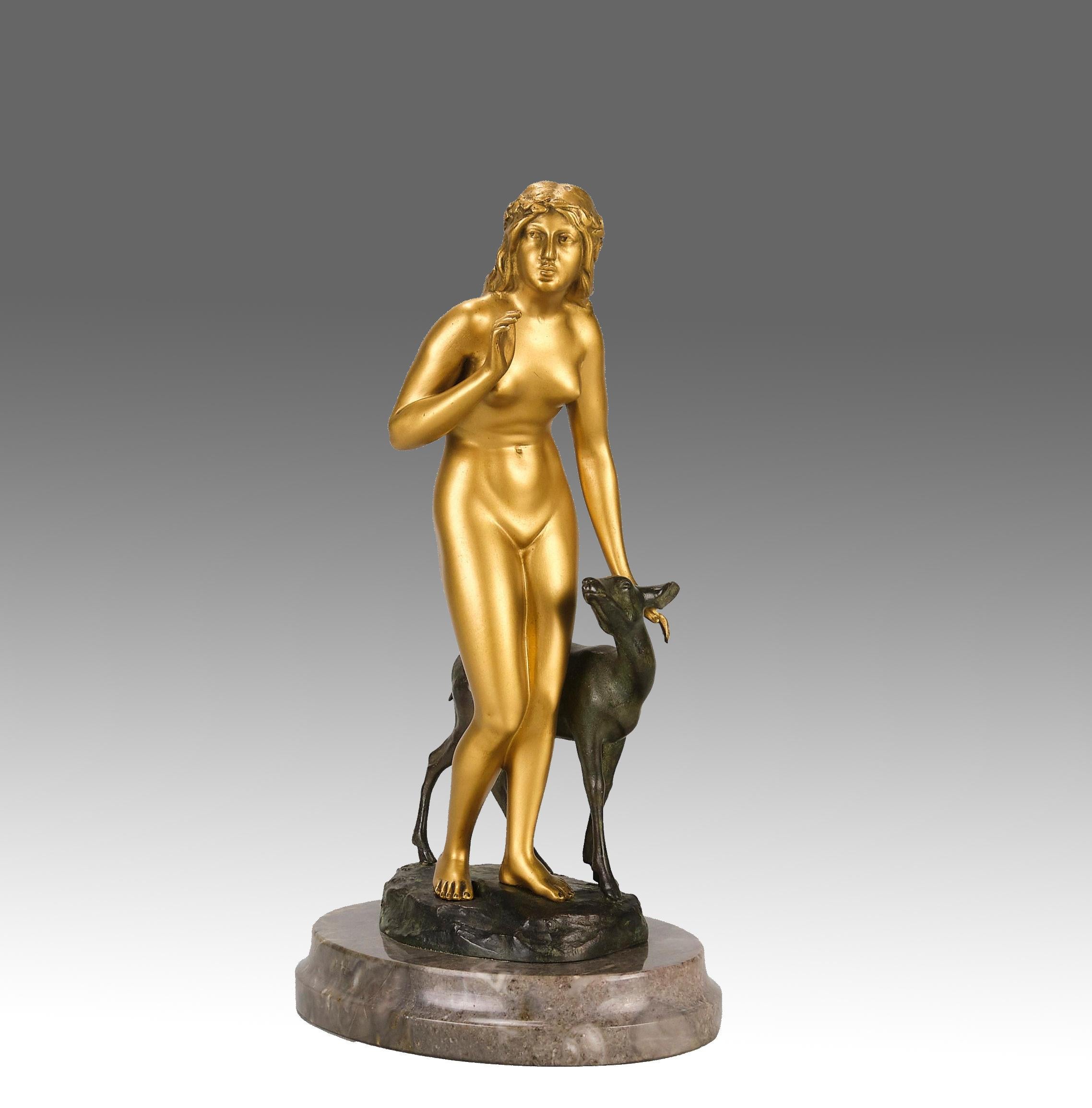 Accattivante studio in bronzo dorato e patinato dei primi del Novecento di una bellezza nuda accanto a un cervo, con colori eccellenti e dettagli rifiniti a mano, sollevato su una base di marmo e firmato Perrot.

INFORMAZIONI AGGIUNTIVE
Altezza:    