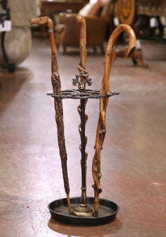 Early 20th Century Gilt Iron French Twelve Cane Holder with Handle and 3 Canes