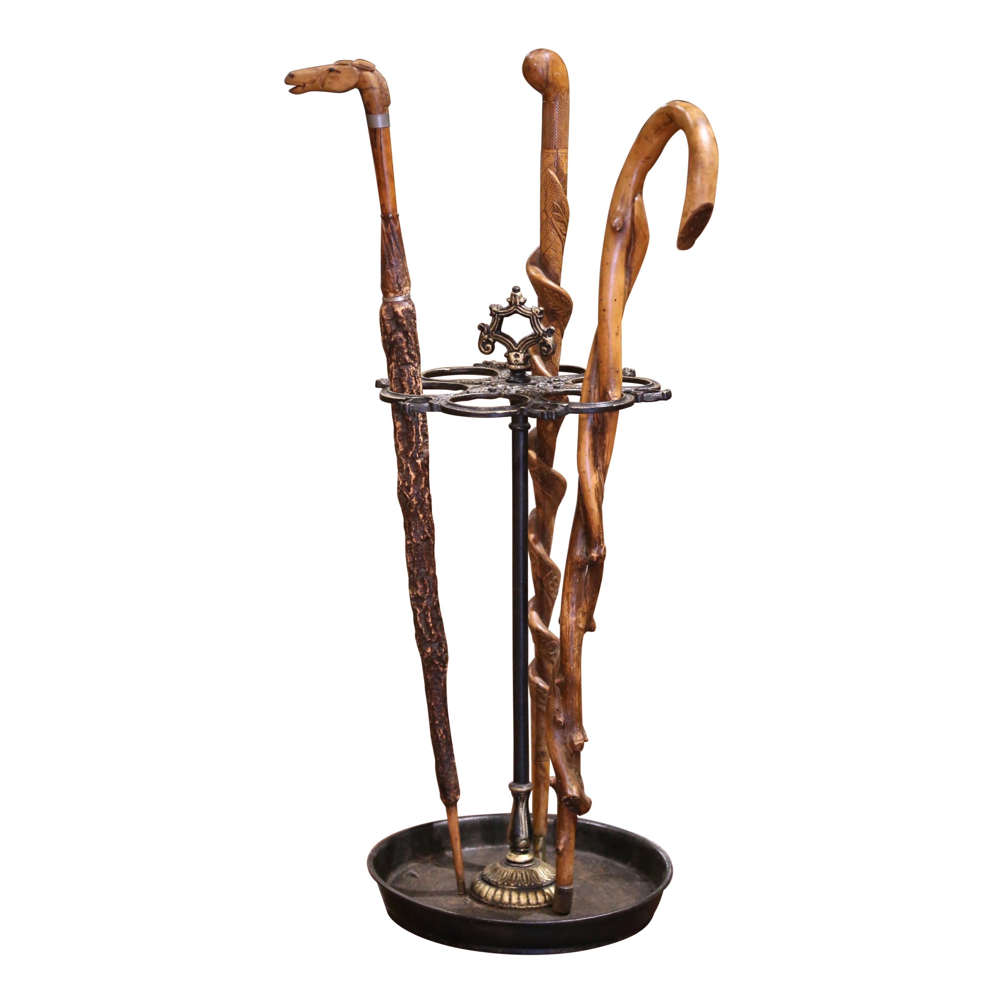Soporte para doce bastones francés de hierro dorado de principios del siglo XX con asa y 3 bastones en venta