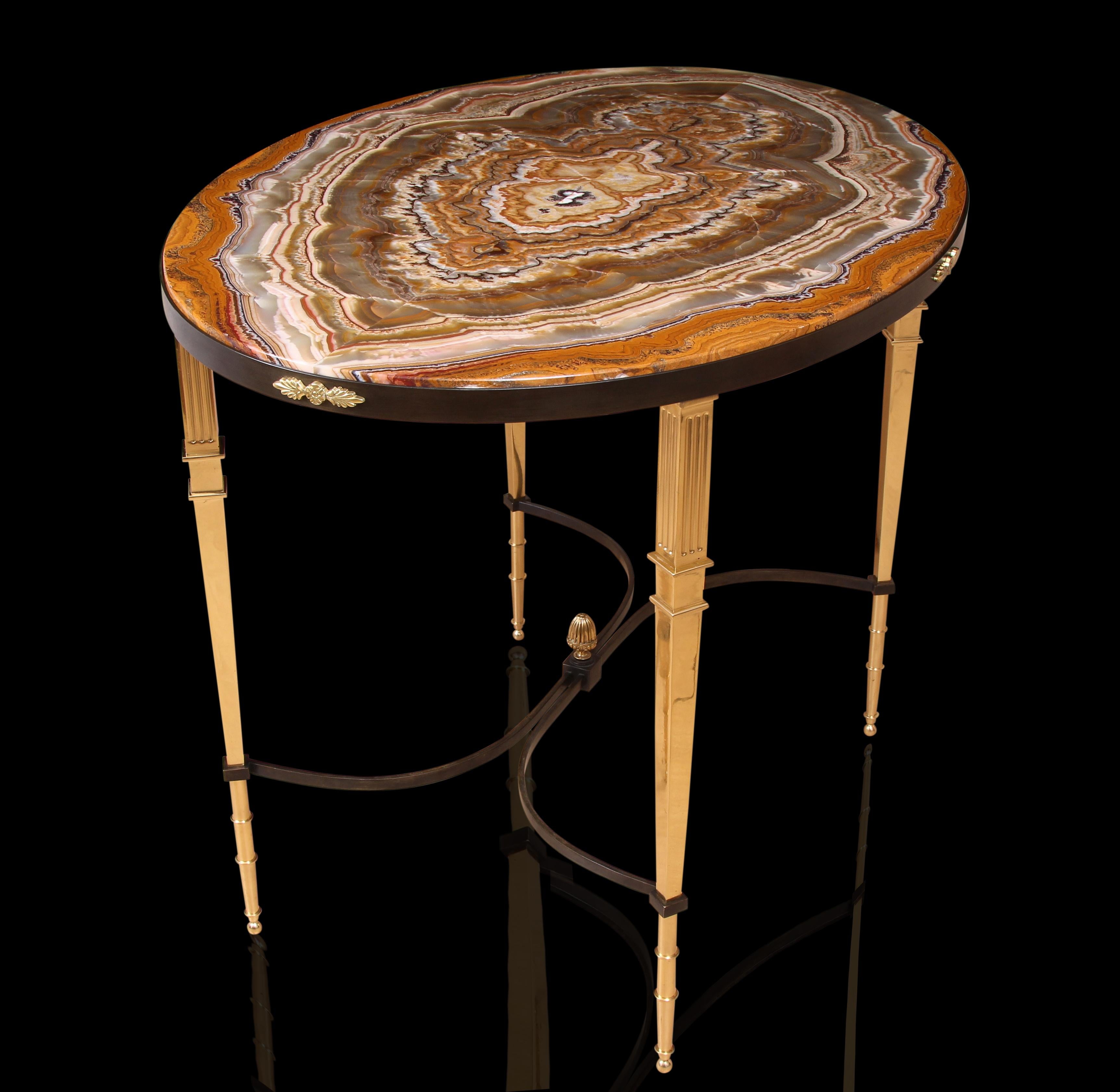 Art Deco Gilt & Patinated Bronze Alabastro Fiorito Onyx Marble Table In Good Condition For Sale In London, by appointment only
