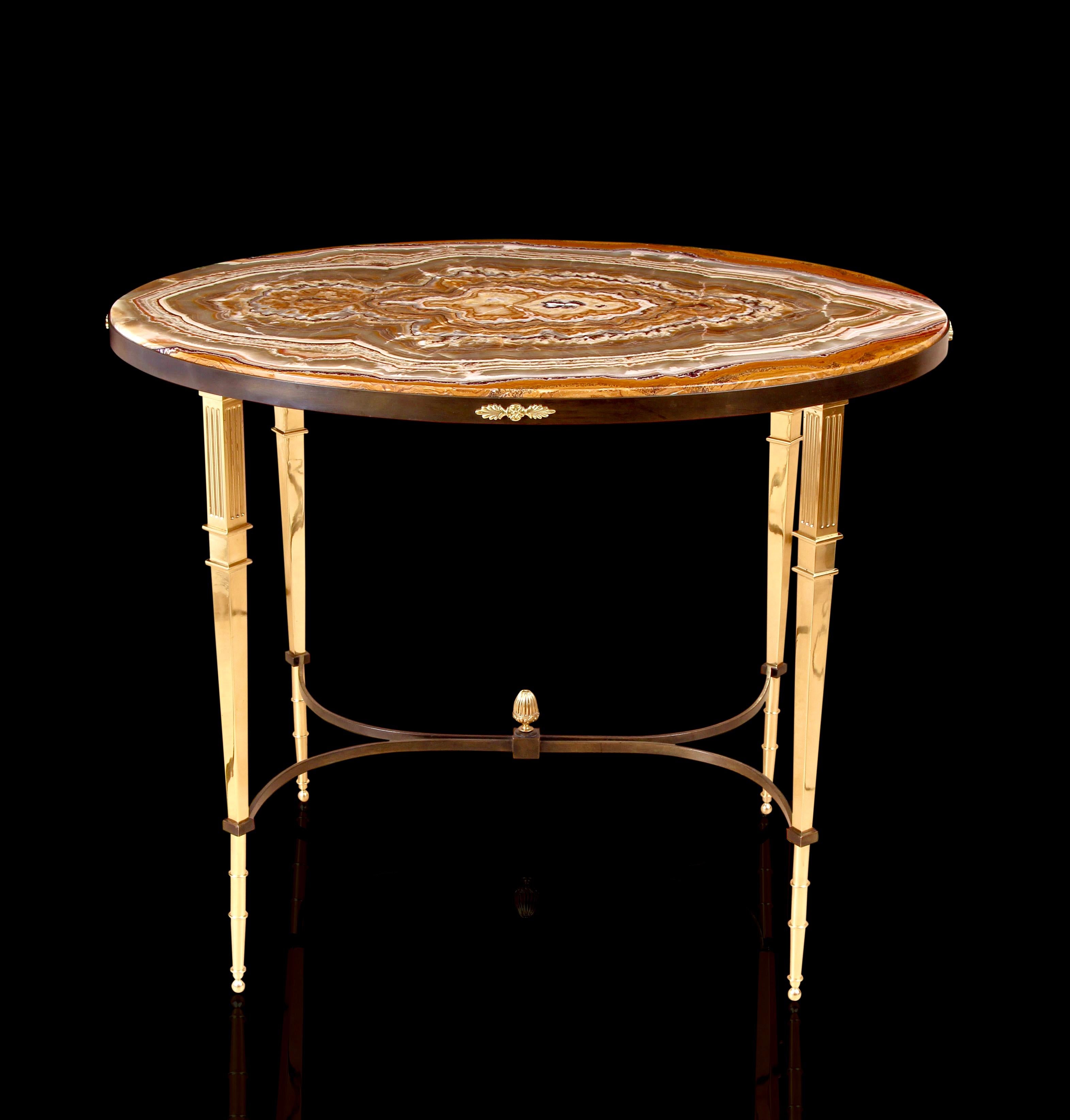 20th Century Art Deco Gilt & Patinated Bronze Alabastro Fiorito Onyx Marble Table For Sale