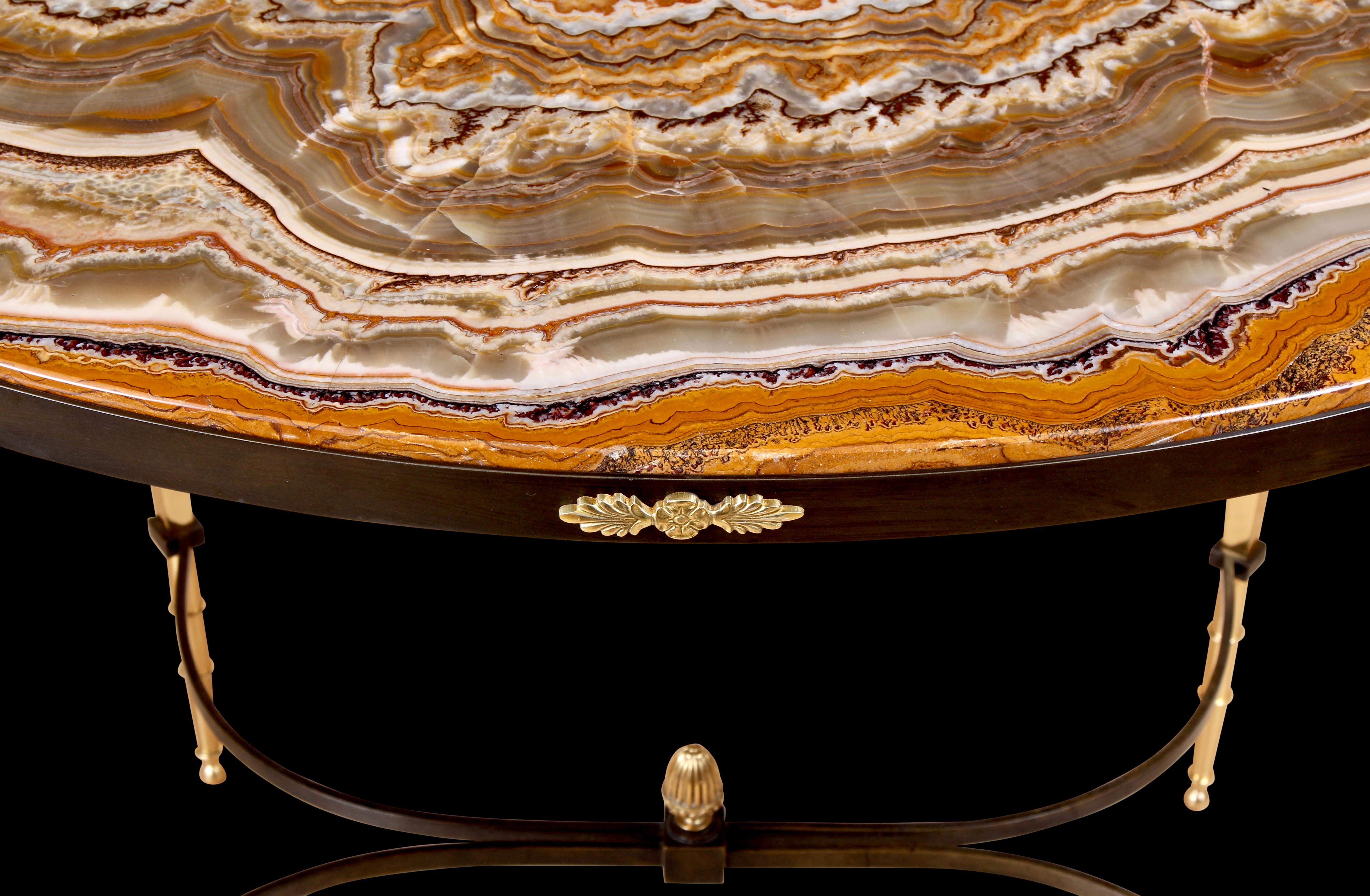 Art Deco Gilt & Patinated Bronze Alabastro Fiorito Onyx Marble Table For Sale 1
