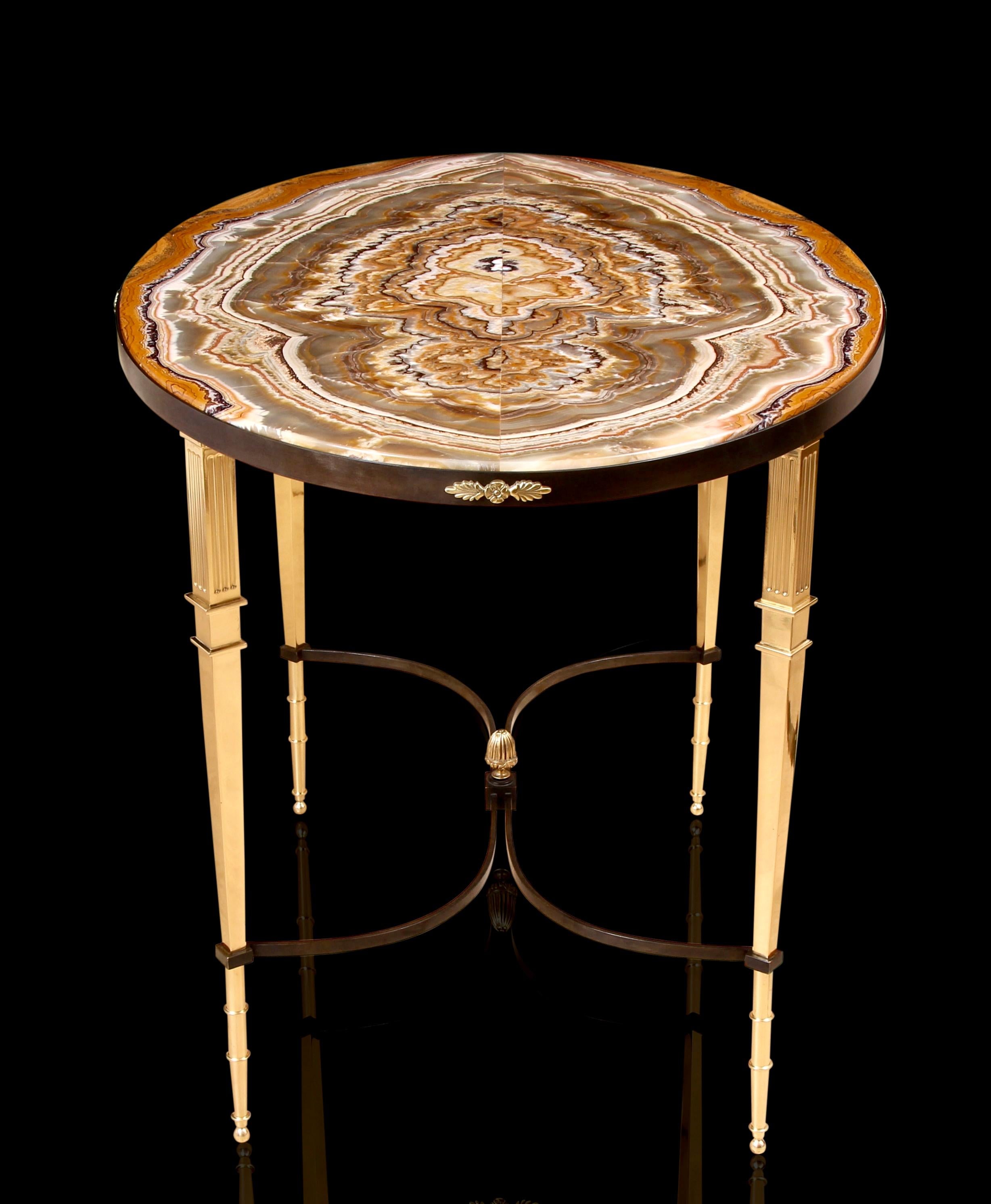 Art Deco Gilt & Patinated Bronze Alabastro Fiorito Onyx Marble Table For Sale 4