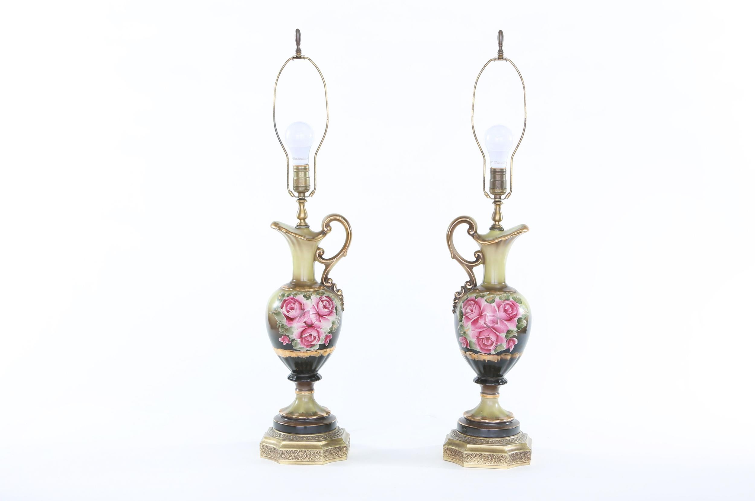 Brass Early 20th Century Gilt Porcelain Pair Table Lamps