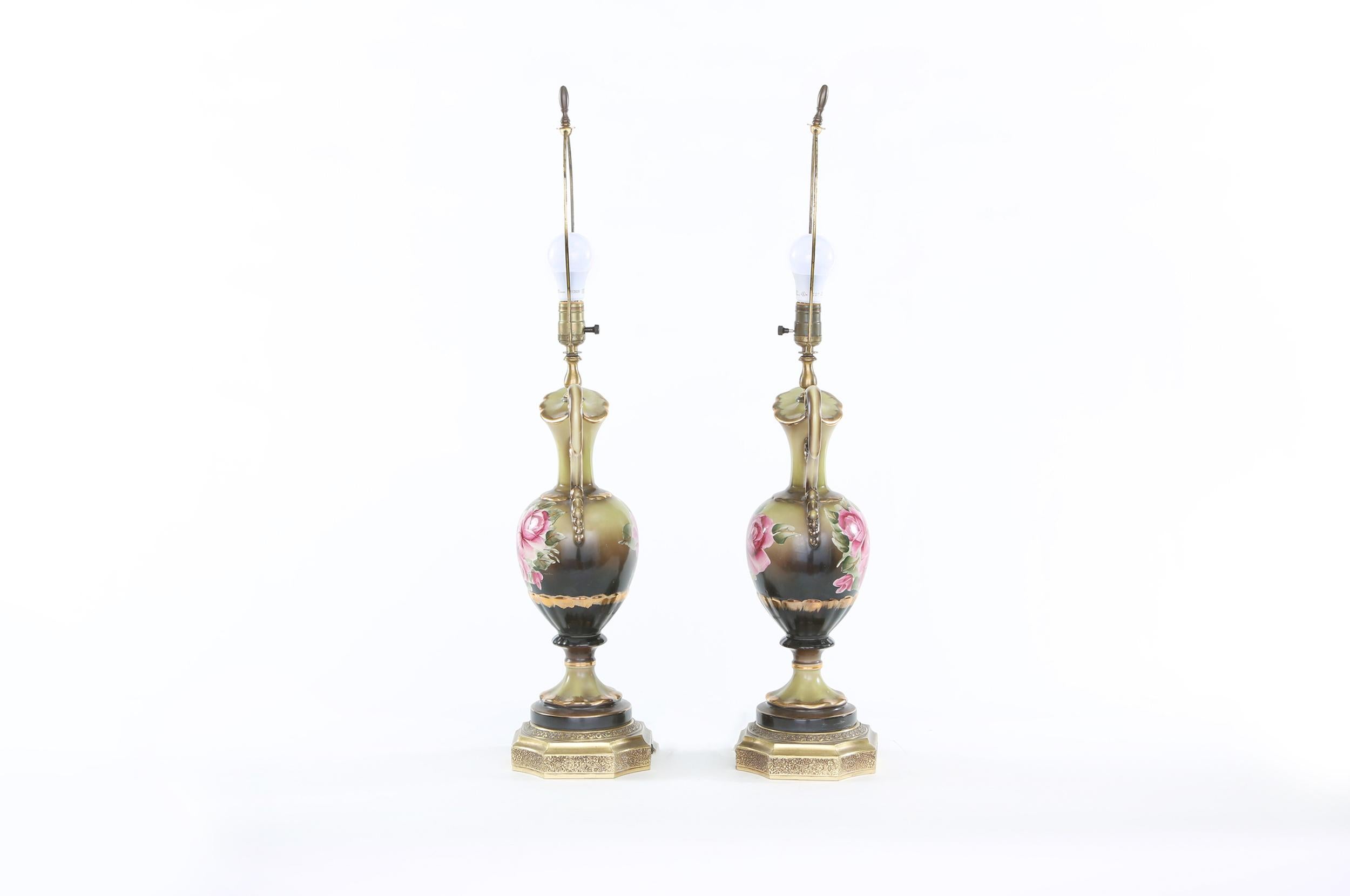 Early 20th Century Gilt Porcelain Pair Table Lamps 1