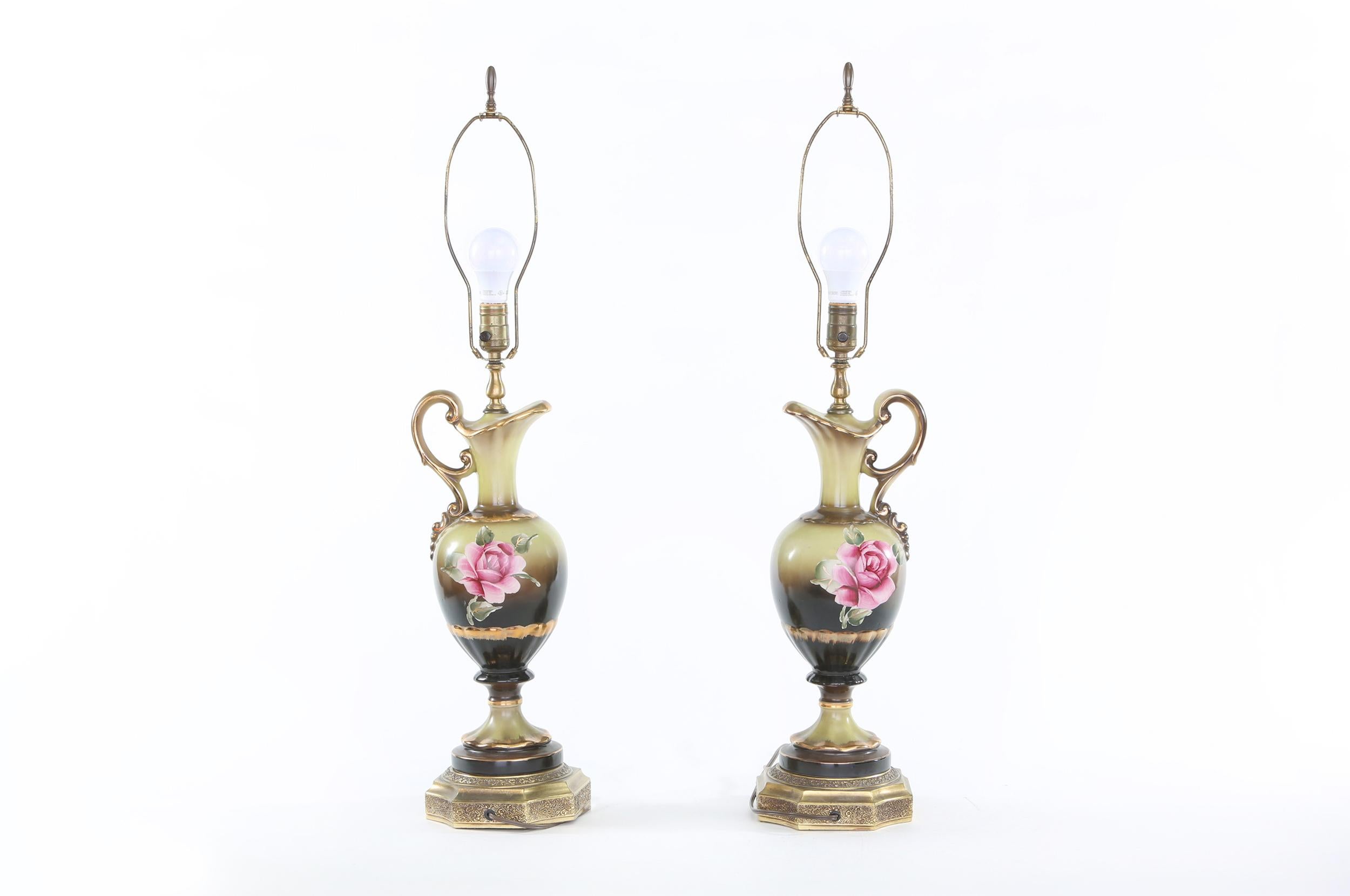 Early 20th Century Gilt Porcelain Pair Table Lamps 2