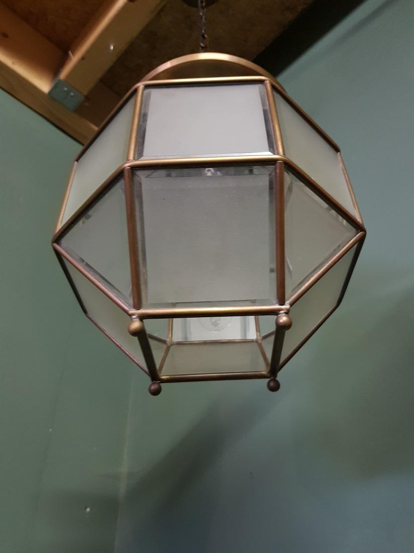 Arts and Crafts Early 20th Century Glass & Brass Pendant Cubic Ceiling Light Adolf Loos Style For Sale