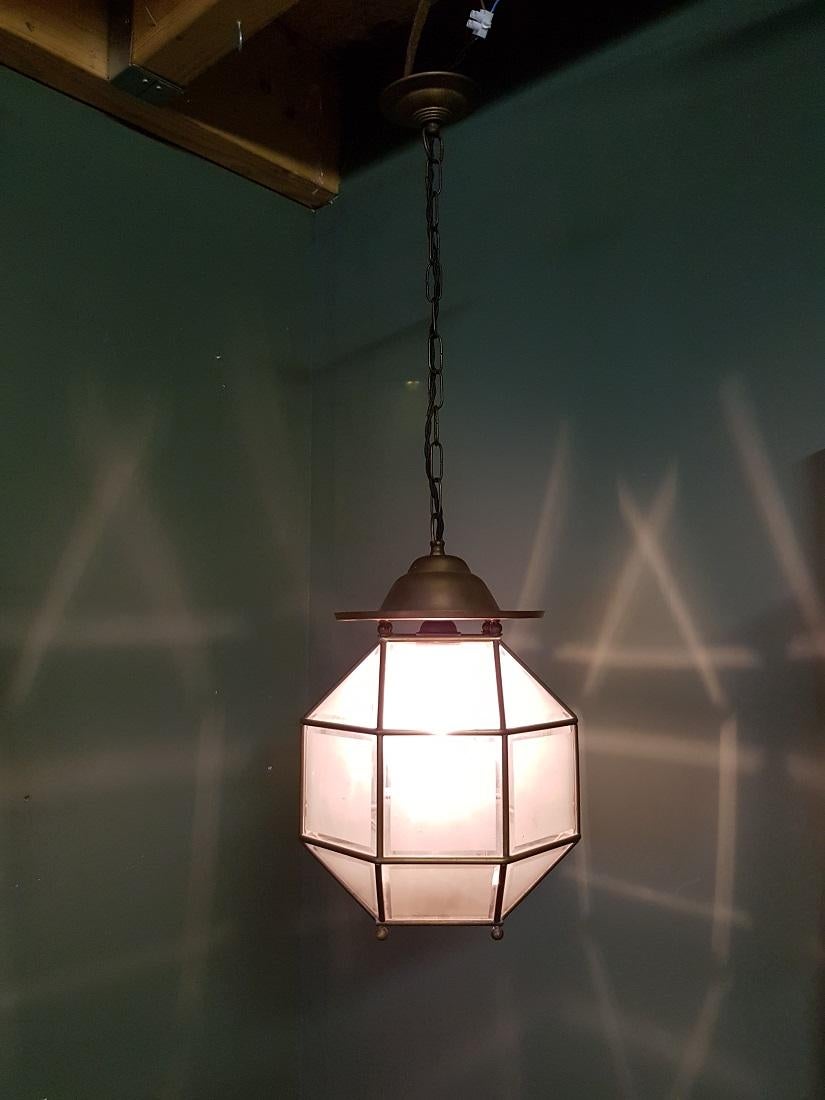 European Early 20th Century Glass & Brass Pendant Cubic Ceiling Light Adolf Loos Style For Sale
