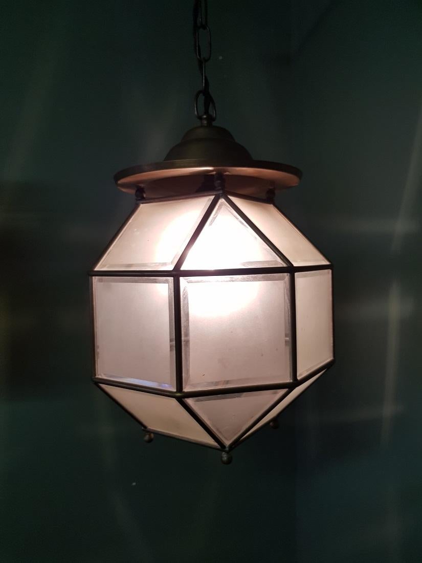 Early 20th Century Glass & Brass Pendant Cubic Ceiling Light Adolf Loos Style For Sale 1