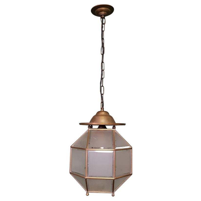 Early 20th Century Glass & Brass Pendant Cubic Ceiling Light Adolf Loos Style For Sale