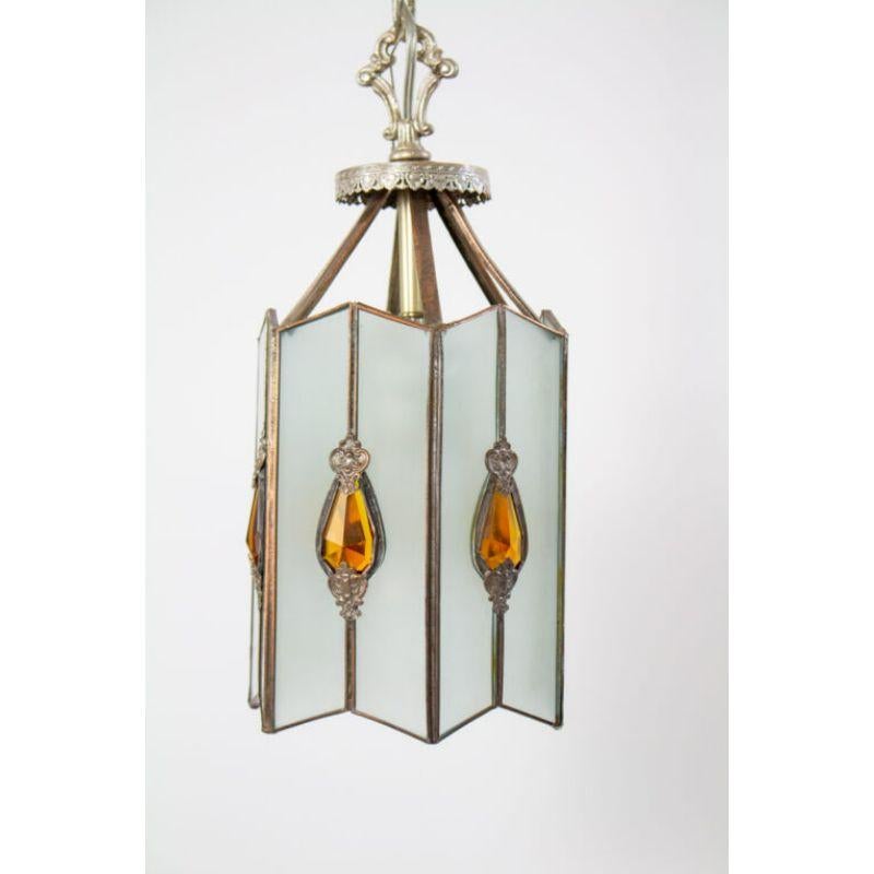 American Early 20th Century Glass Lantern with Amber Jewels For Sale