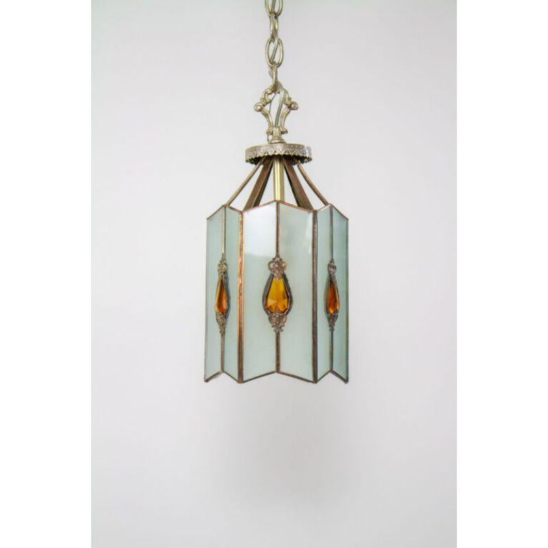 Early 20th Century Glass Lantern with Amber Jewels In Good Condition For Sale In Canton, MA