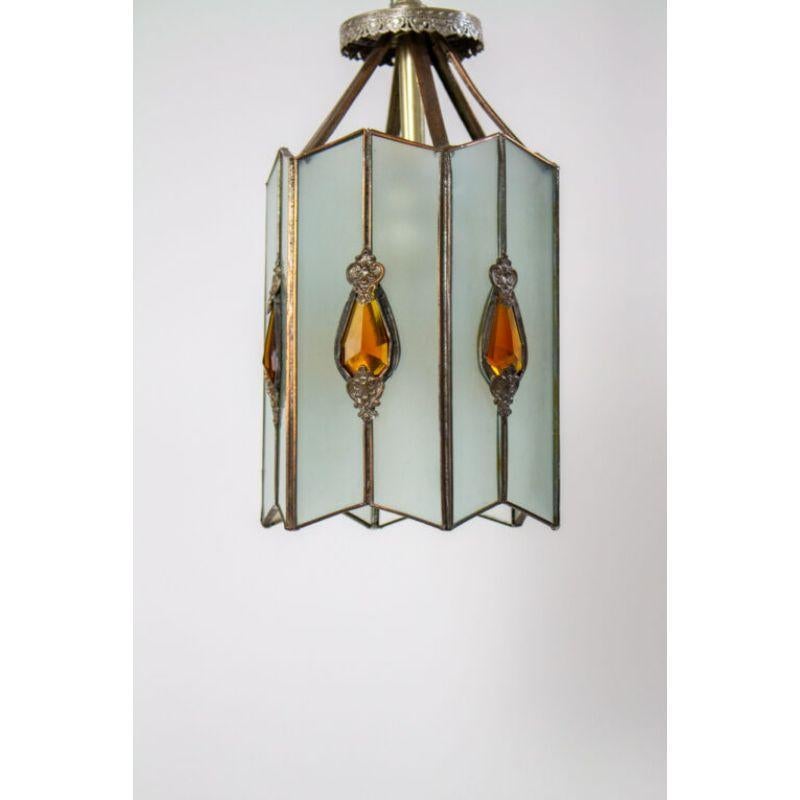 Silver Early 20th Century Glass Lantern with Amber Jewels For Sale