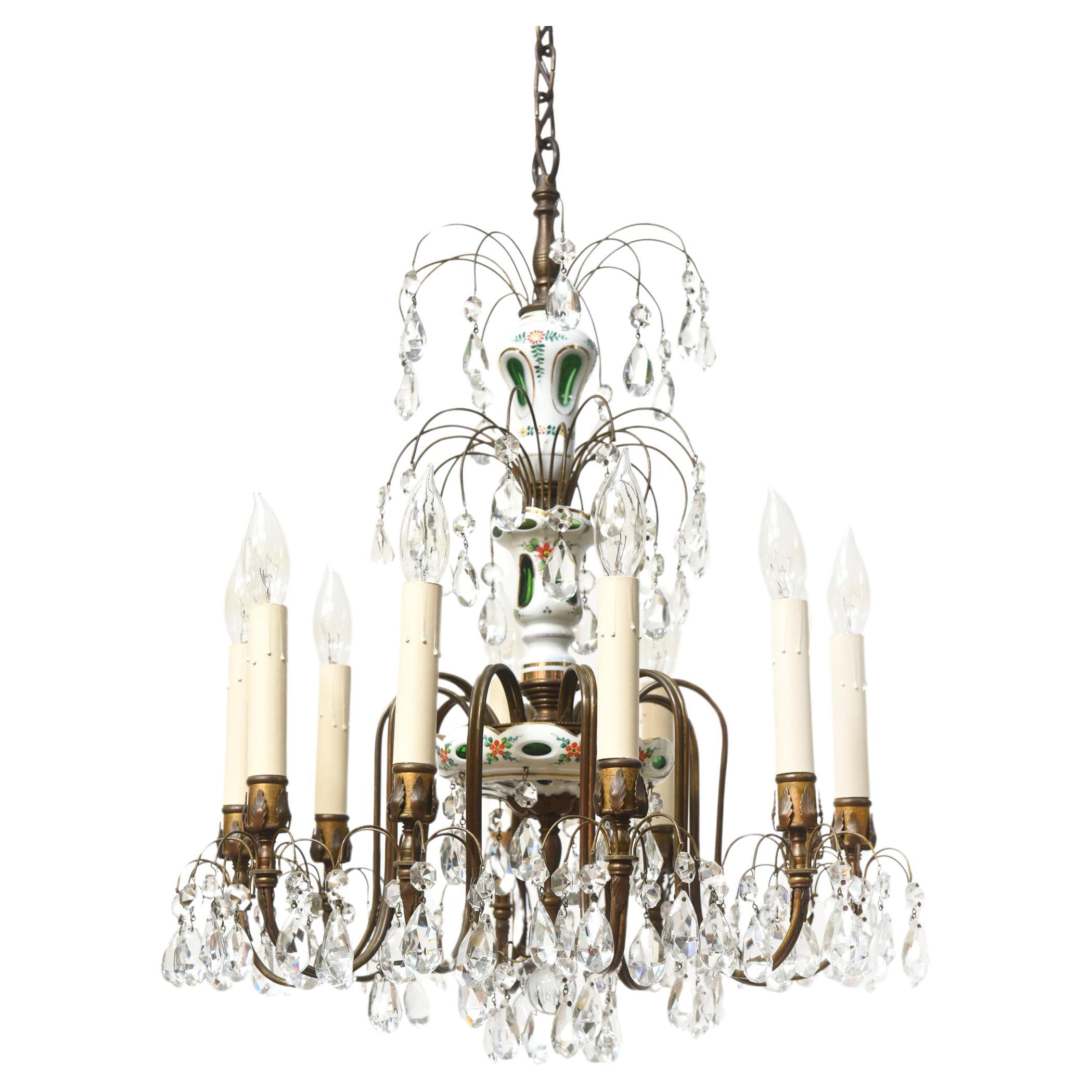 Early 20th Century Glass Overlay Chandelier with Brass and Crystals