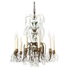 Antique Early 20th Century Glass Overlay Chandelier with Brass and Crystals