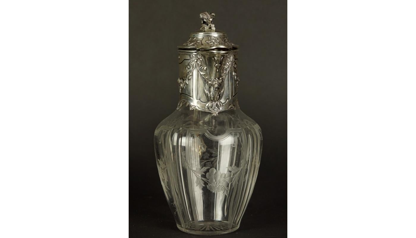 French Early 20th Century Glass Wine Jug with Silver Fittings For Sale