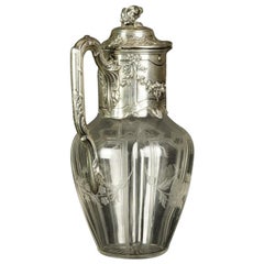 Vintage Early 20th Century Glass Wine Jug with Silver Fittings