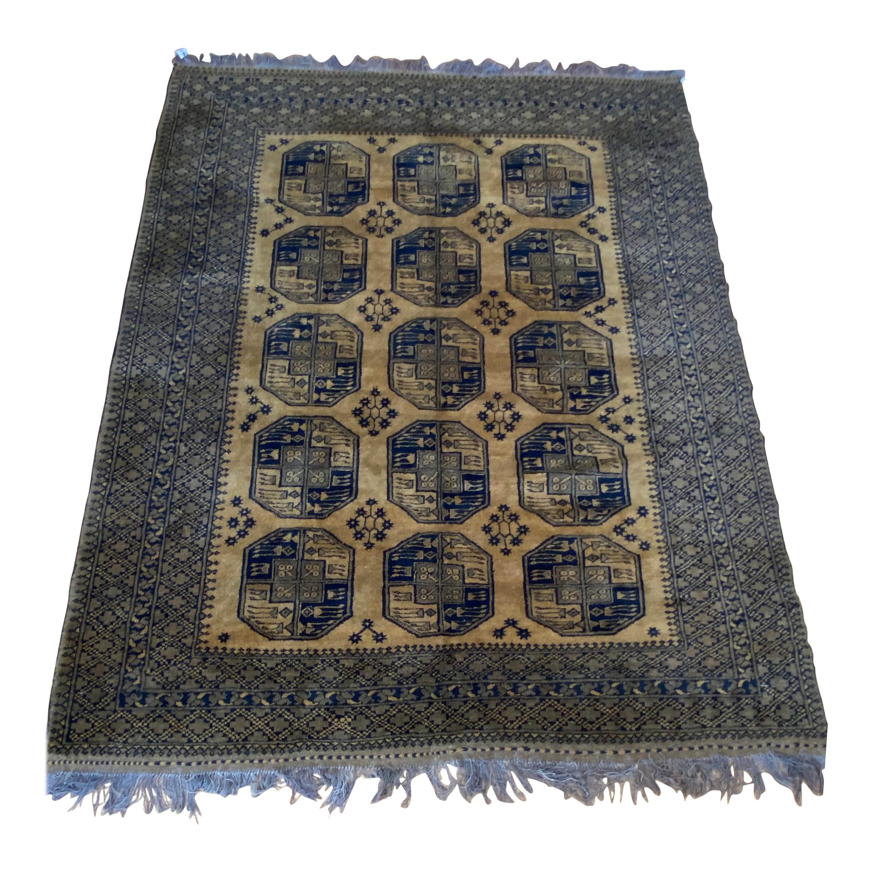 Early 20th Century Gold and Black Bokara Afghan Rug For Sale
