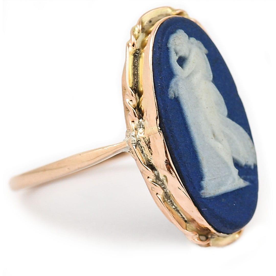Edwardian Early 20th Century Gold and Blue Oval Jasperware Wedgwood Ring