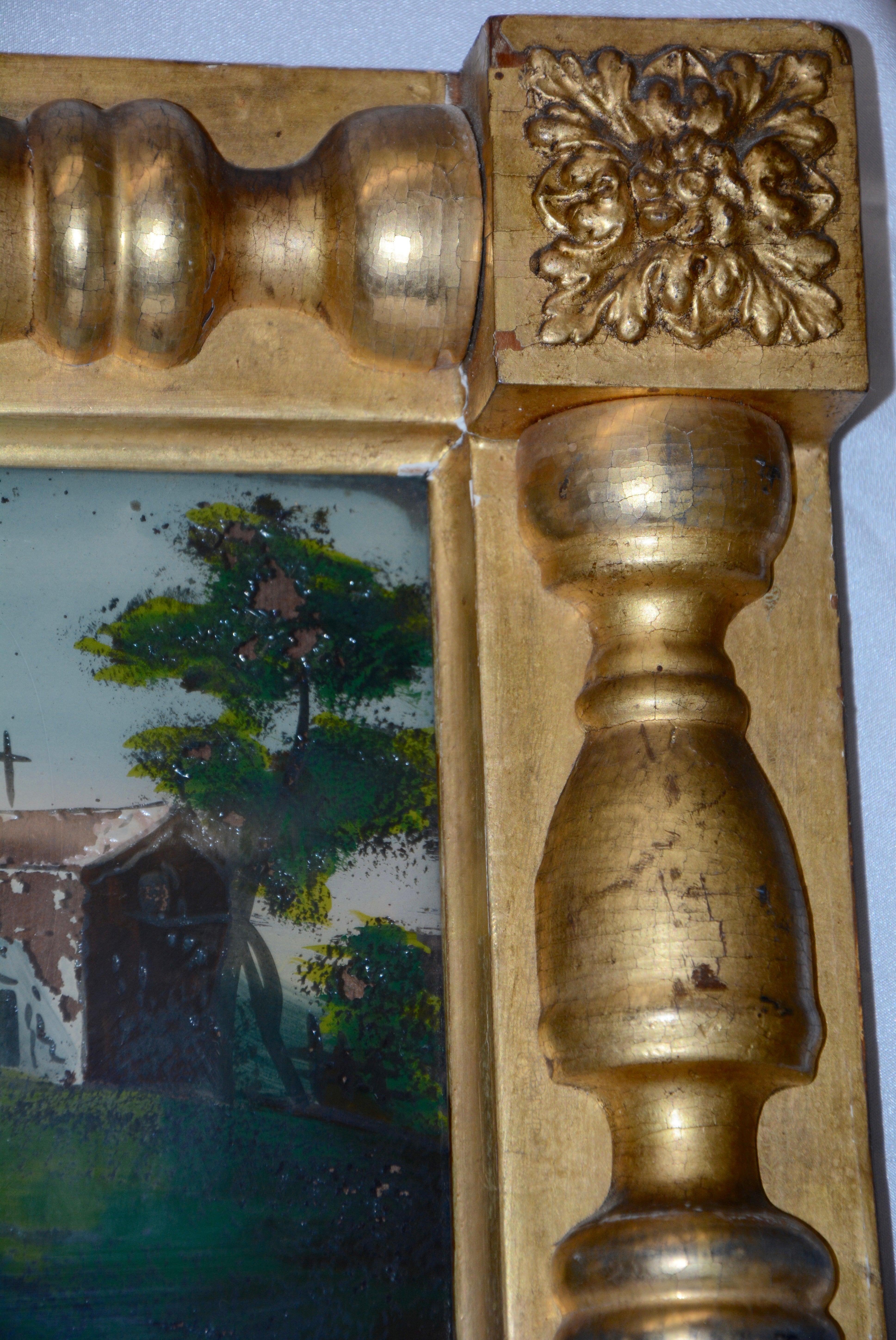 Renaissance Early 20th Century Gold Gilded Mirror with Reverse Painting For Sale