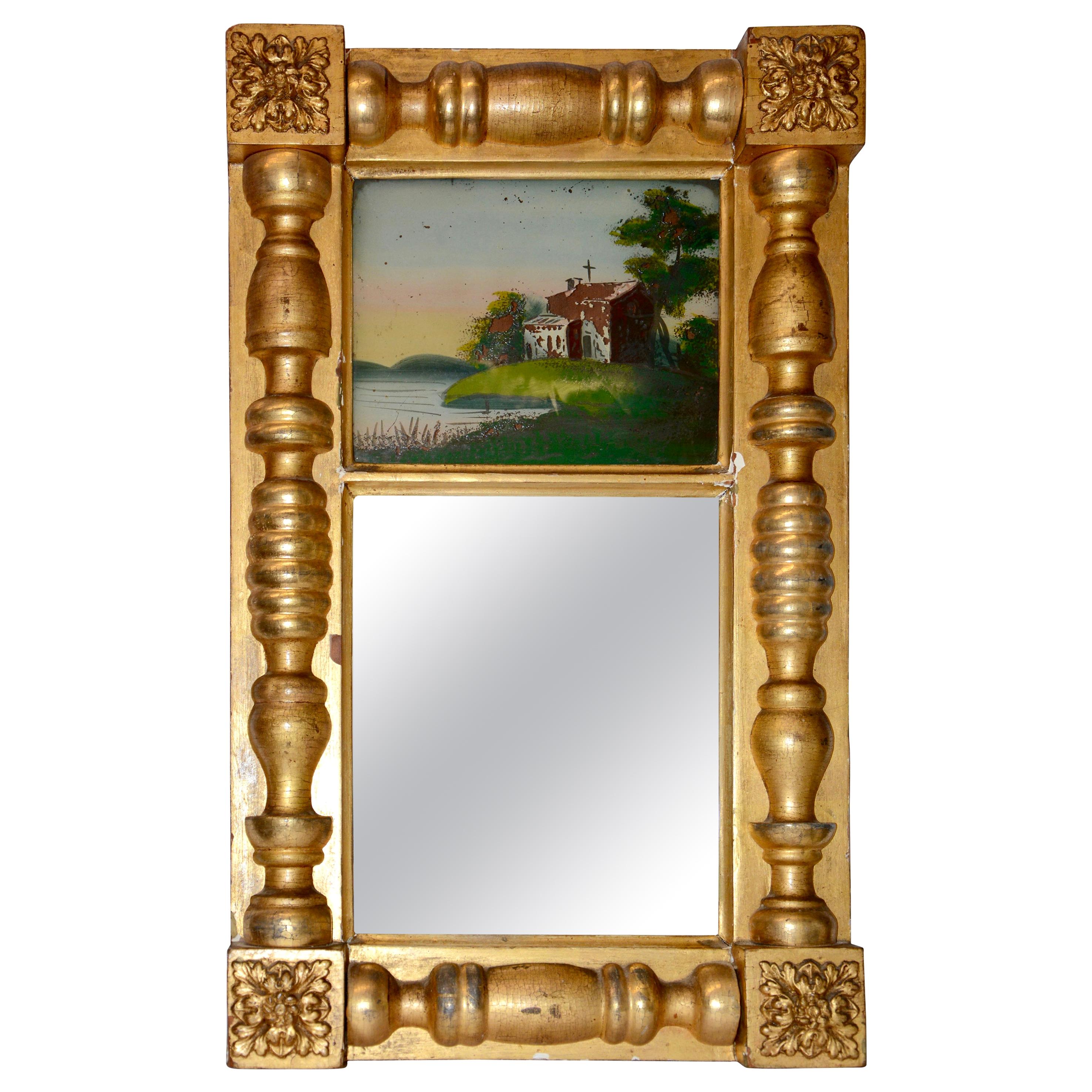 Early 20th Century Gold Gilded Mirror with Reverse Painting For Sale