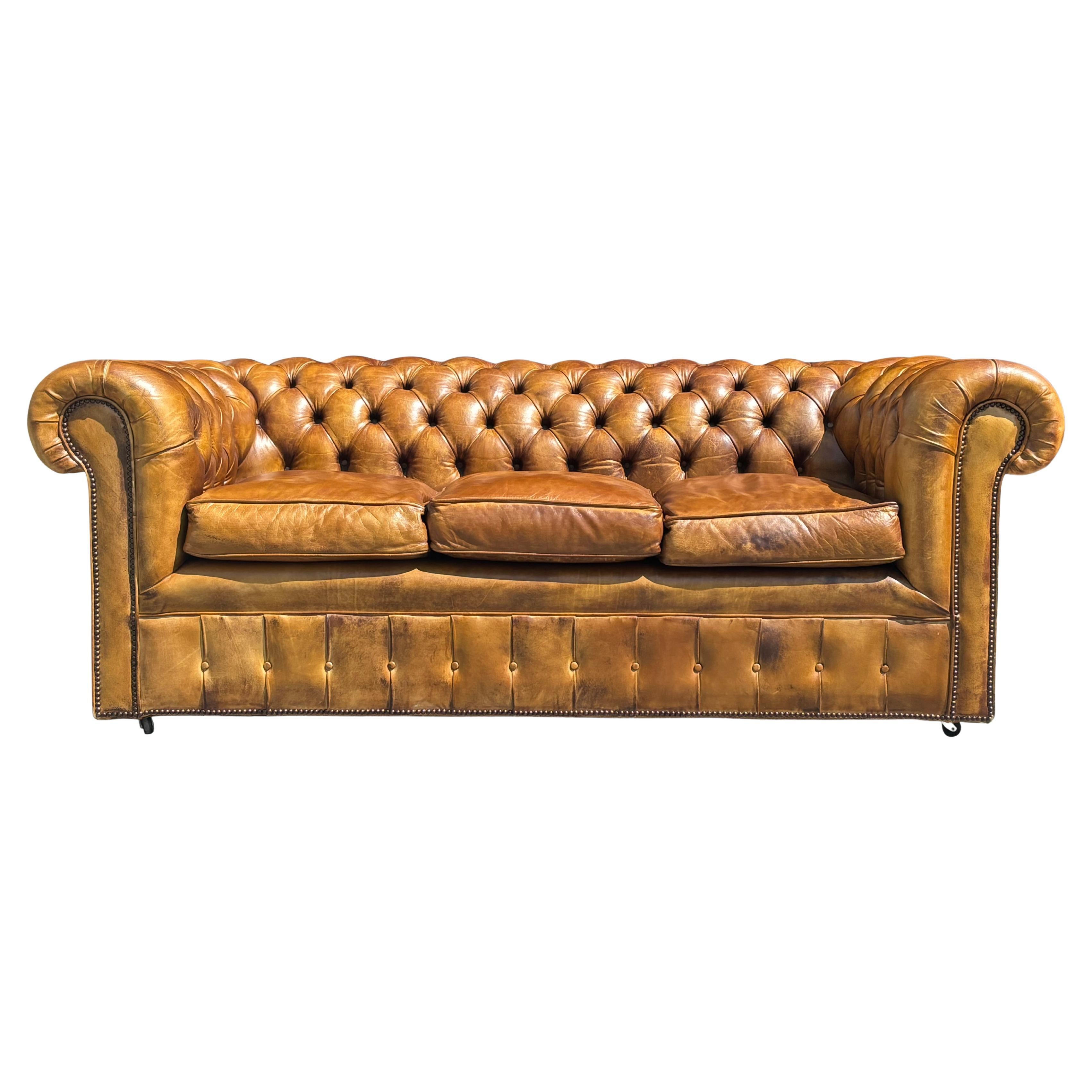 Early 20th Century Golden Brown Leather 3 Seater Chesterfield Sofa