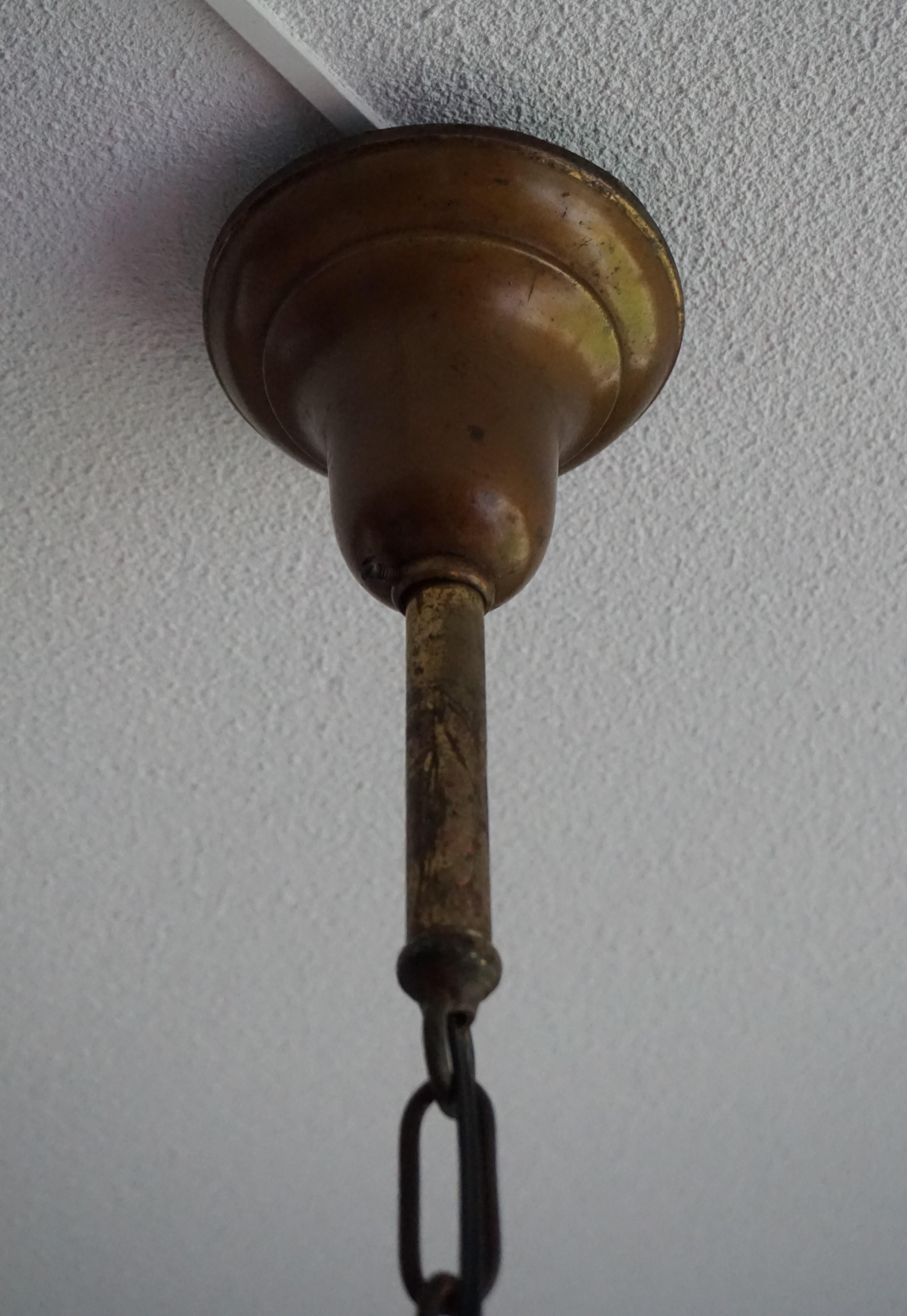 Early 1900s Golden Brown Metal & Tiffany Glass Church Entrance Pendant Light 2