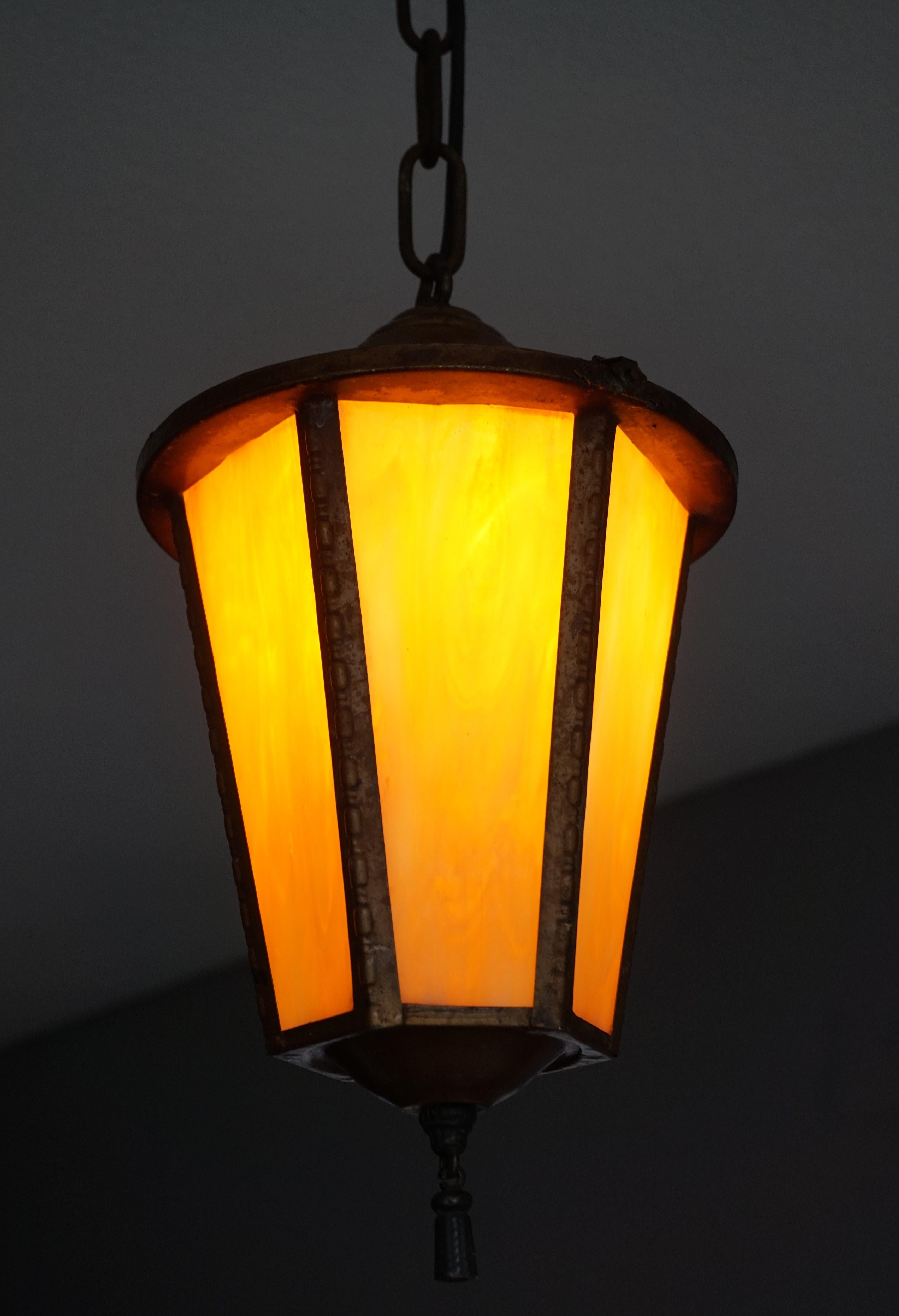 Early 1900s Golden Brown Metal & Tiffany Glass Church Entrance Pendant Light 4