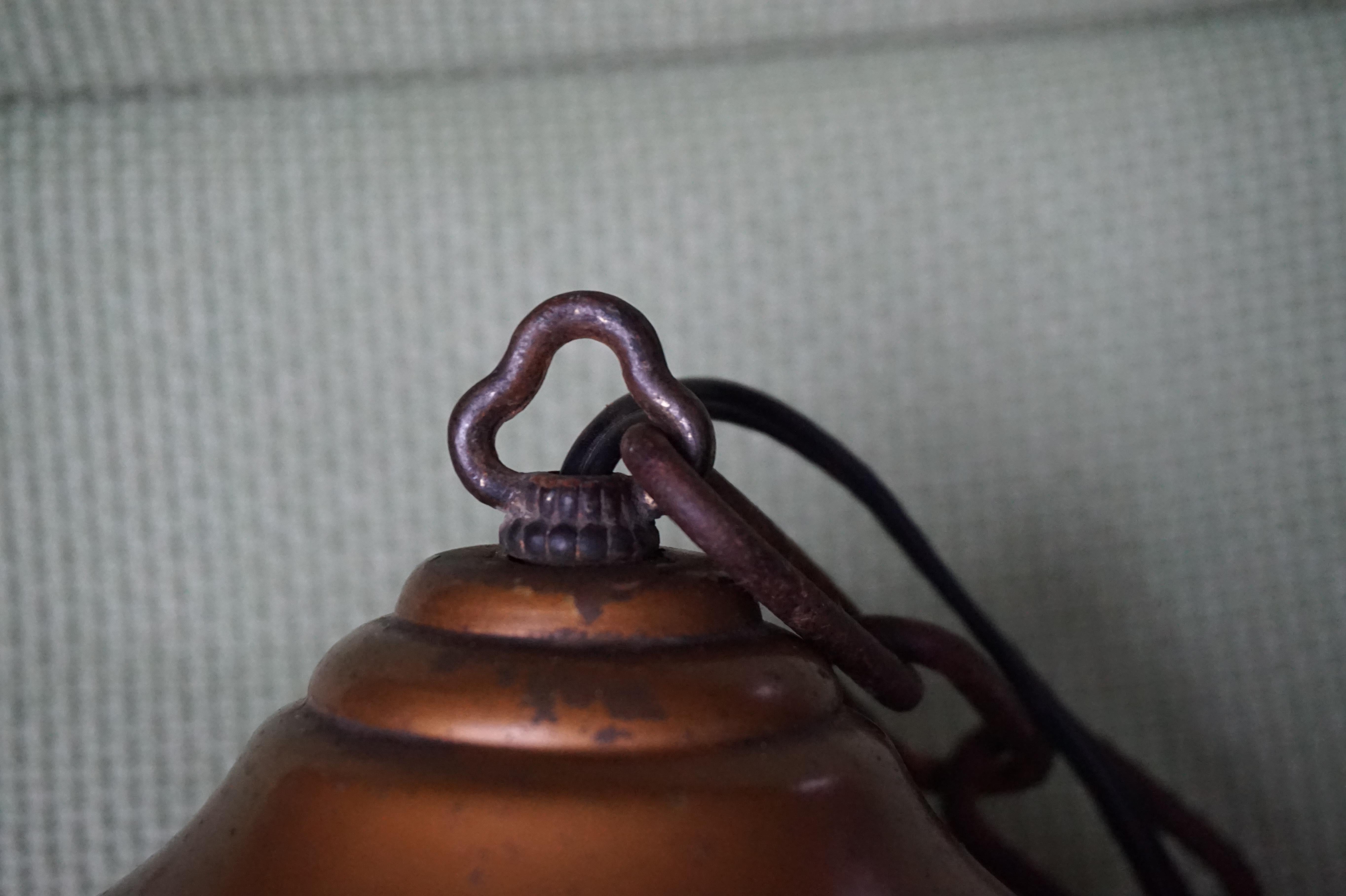 Early 1900s Golden Brown Metal & Tiffany Glass Church Entrance Pendant Light 9