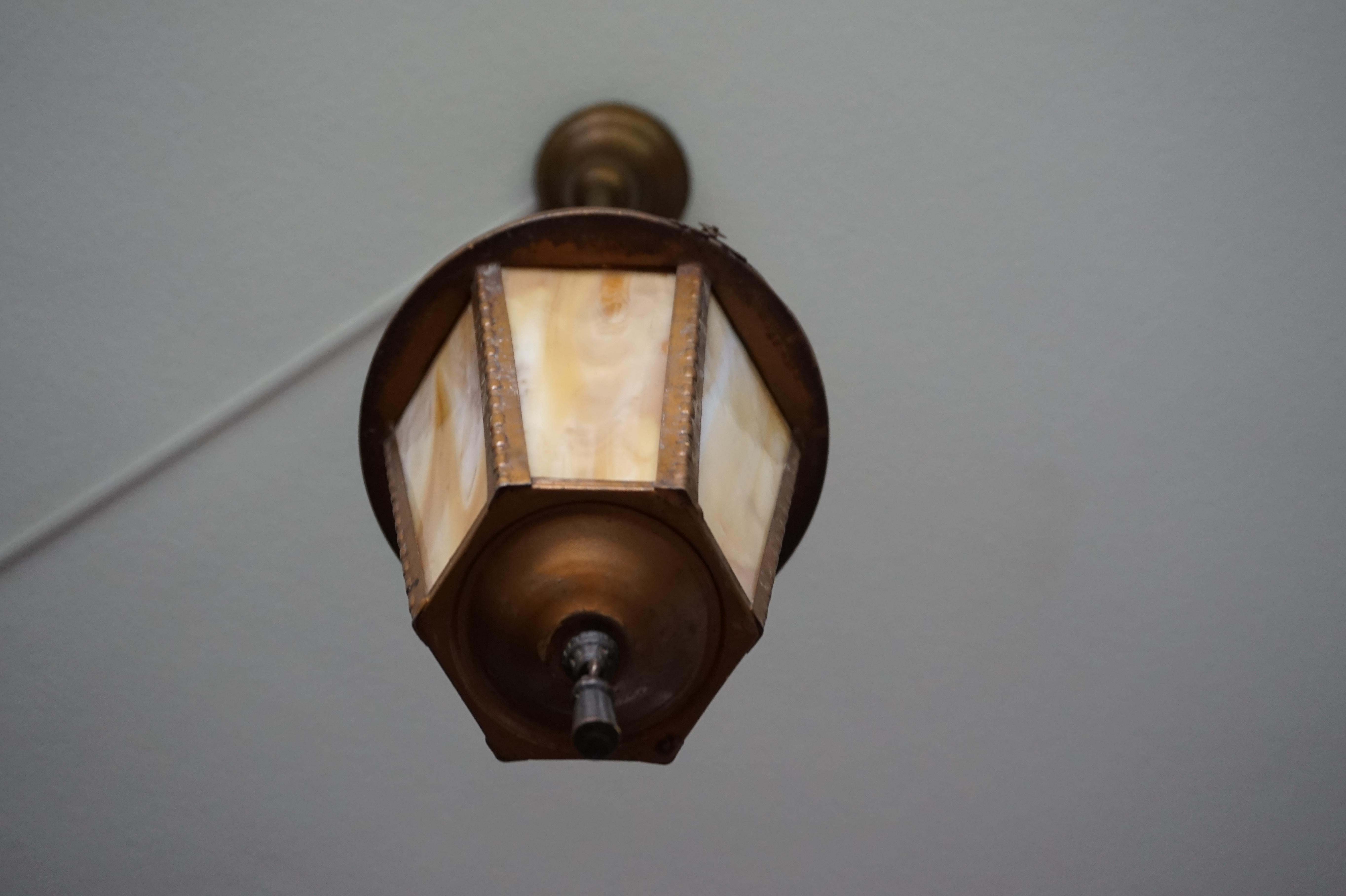 Early 1900s Golden Brown Metal & Tiffany Glass Church Entrance Pendant Light 11