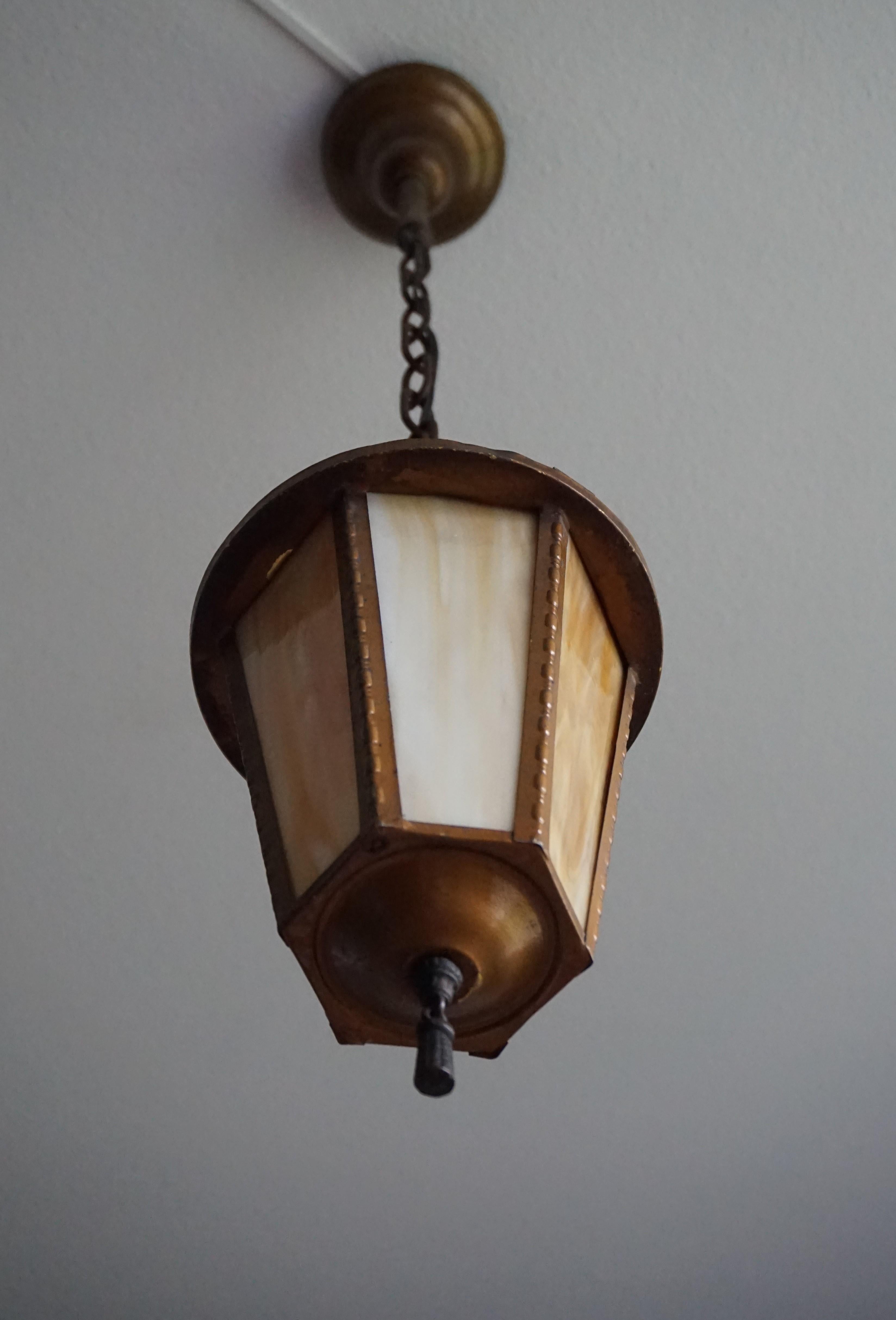 Early 1900s Golden Brown Metal & Tiffany Glass Church Entrance Pendant Light 1