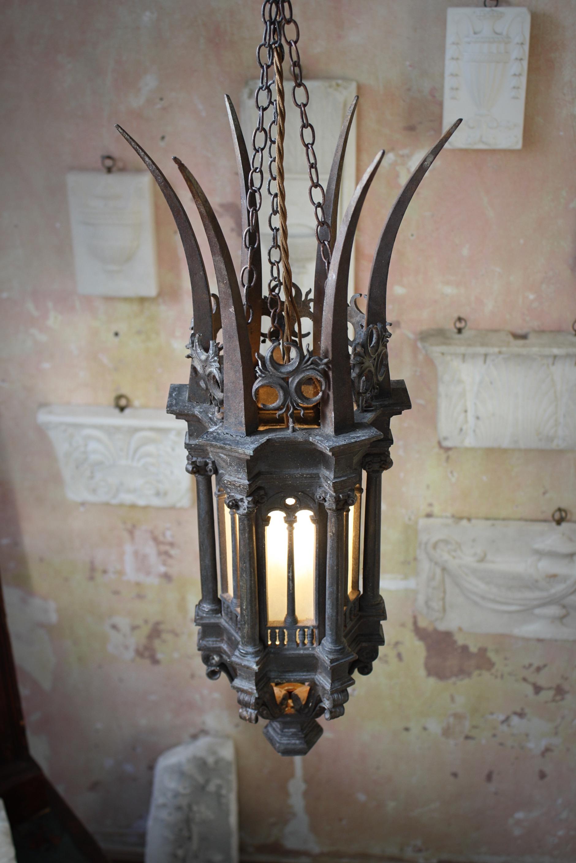Early 20th Century Gothic Revival Architectural Cast Iron Hall Lantern Light 10