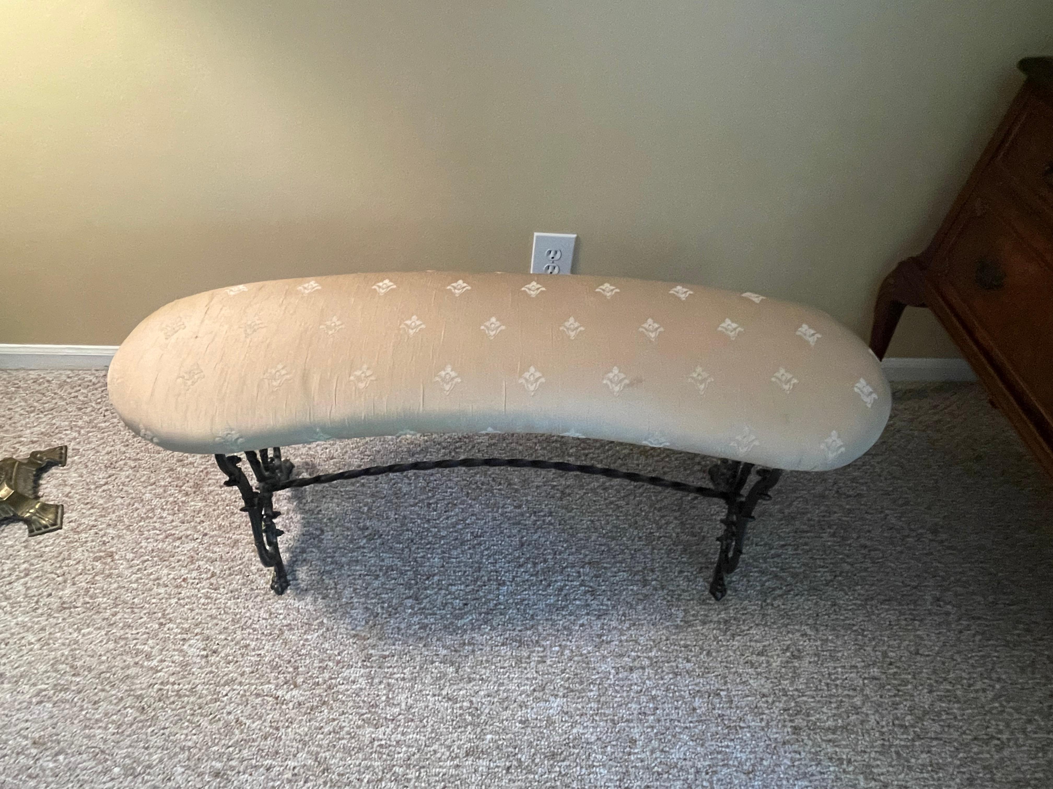 Early 20th Century Gothic Revival Black Cast Iron Bench with Silk In Excellent Condition In Austin, TX