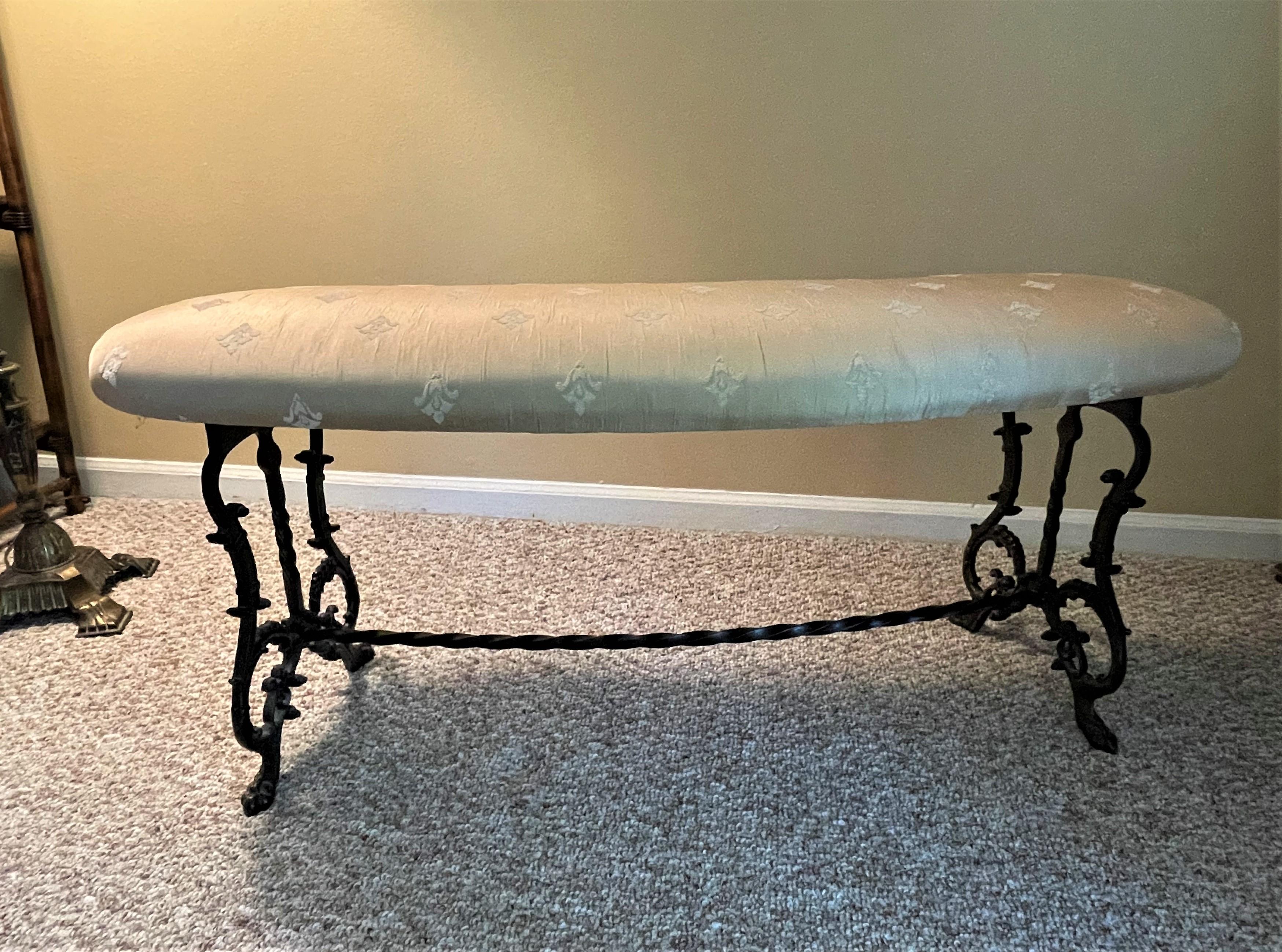 Early 20th Century Gothic Revival Black Cast Iron Bench with Silk 2