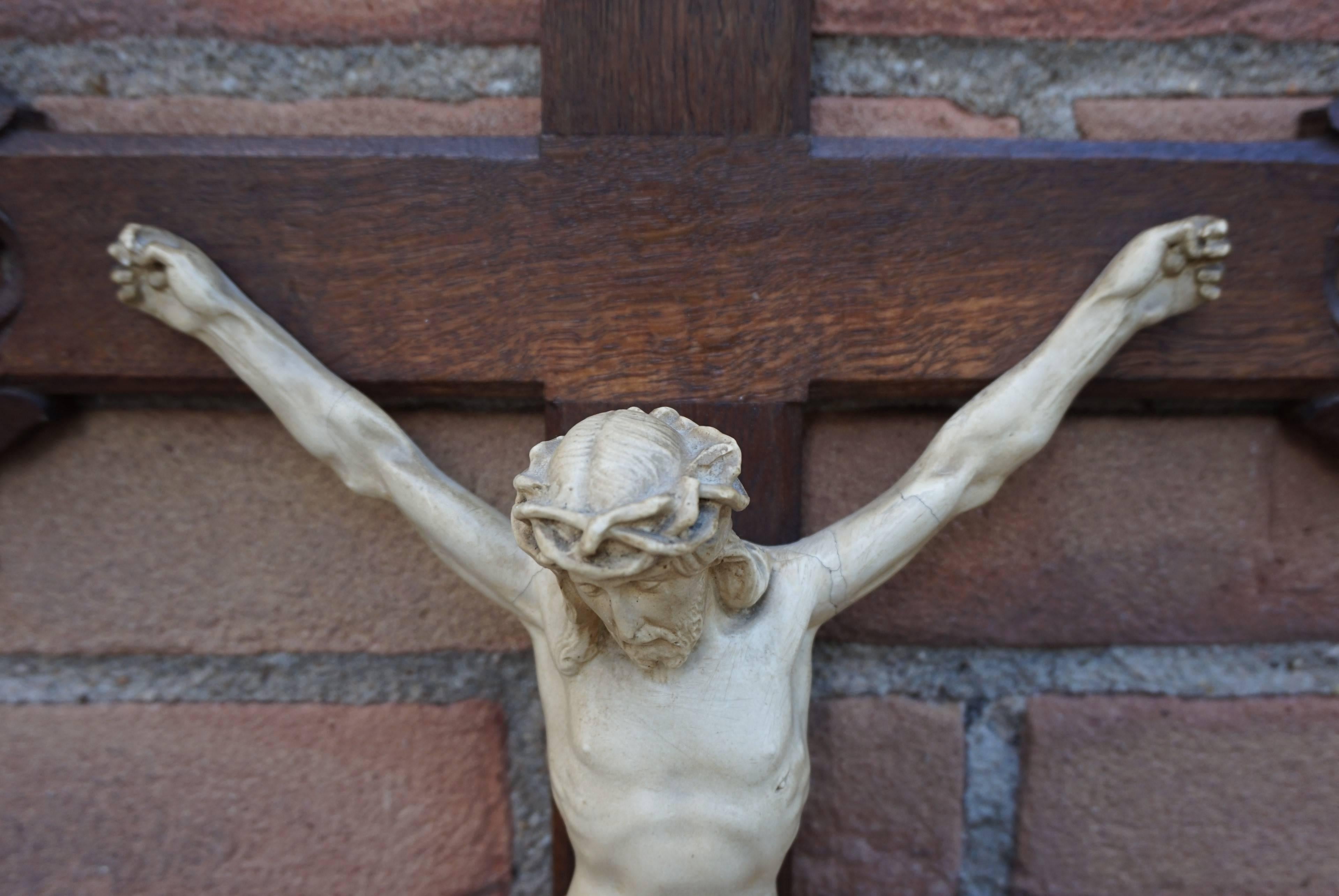 Early 20th Century Gothic Revival Crucifix with White Clay Corpus of Christ 1910 2