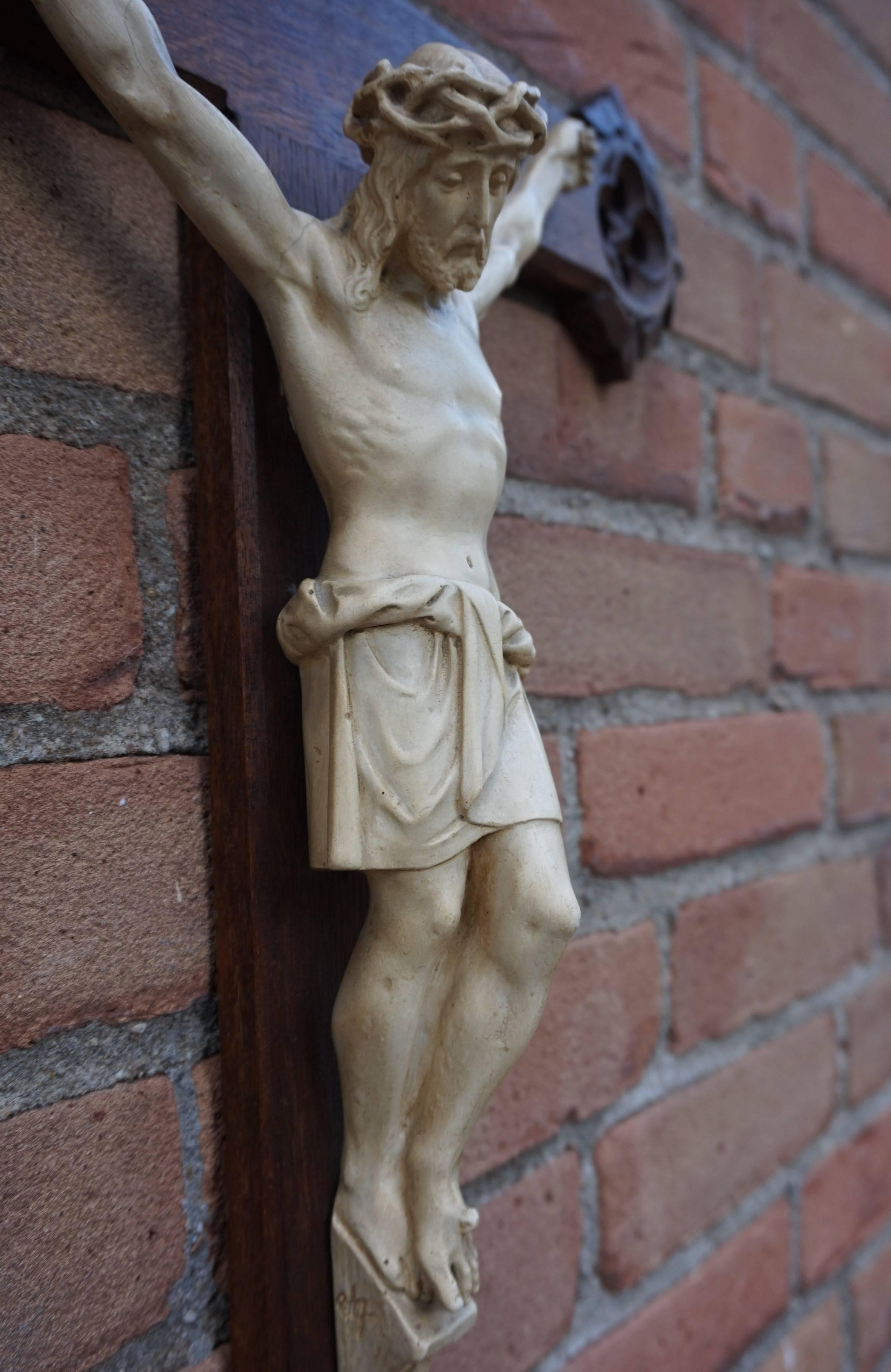 Hand-Carved Early 20th Century Gothic Revival Crucifix with White Clay Corpus of Christ 1910