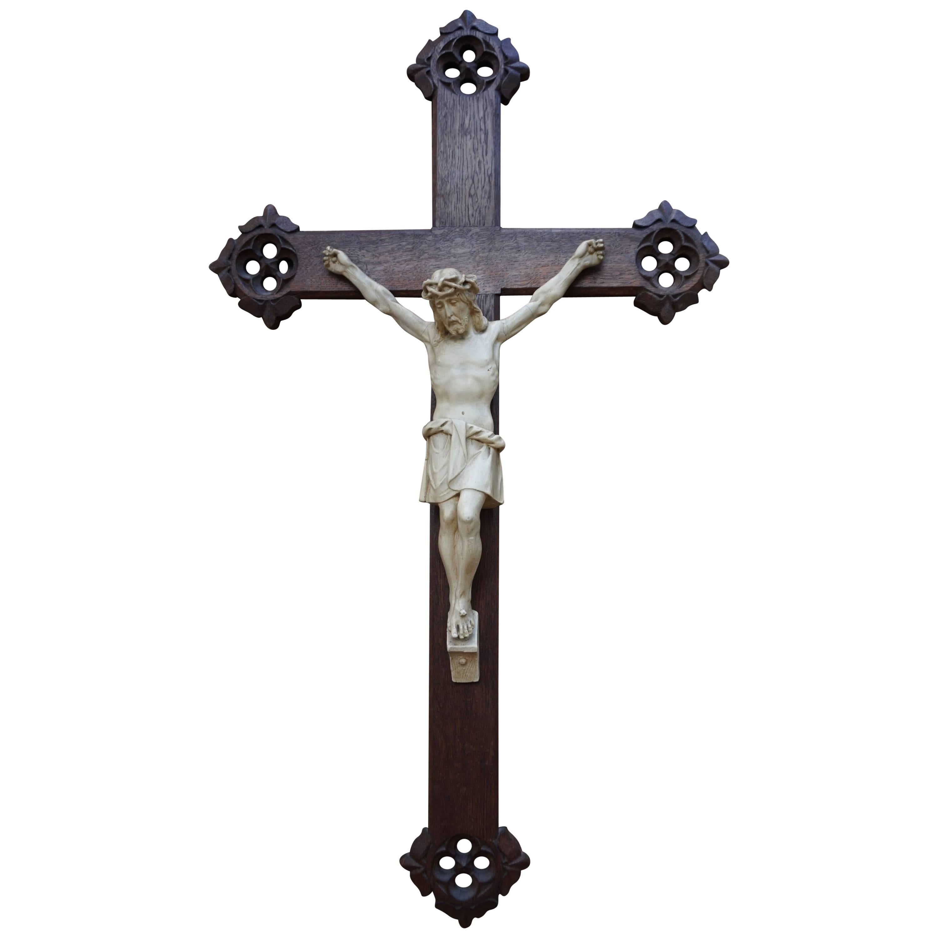 Early 20th Century Gothic Revival Crucifix with White Clay Corpus of Christ 1910