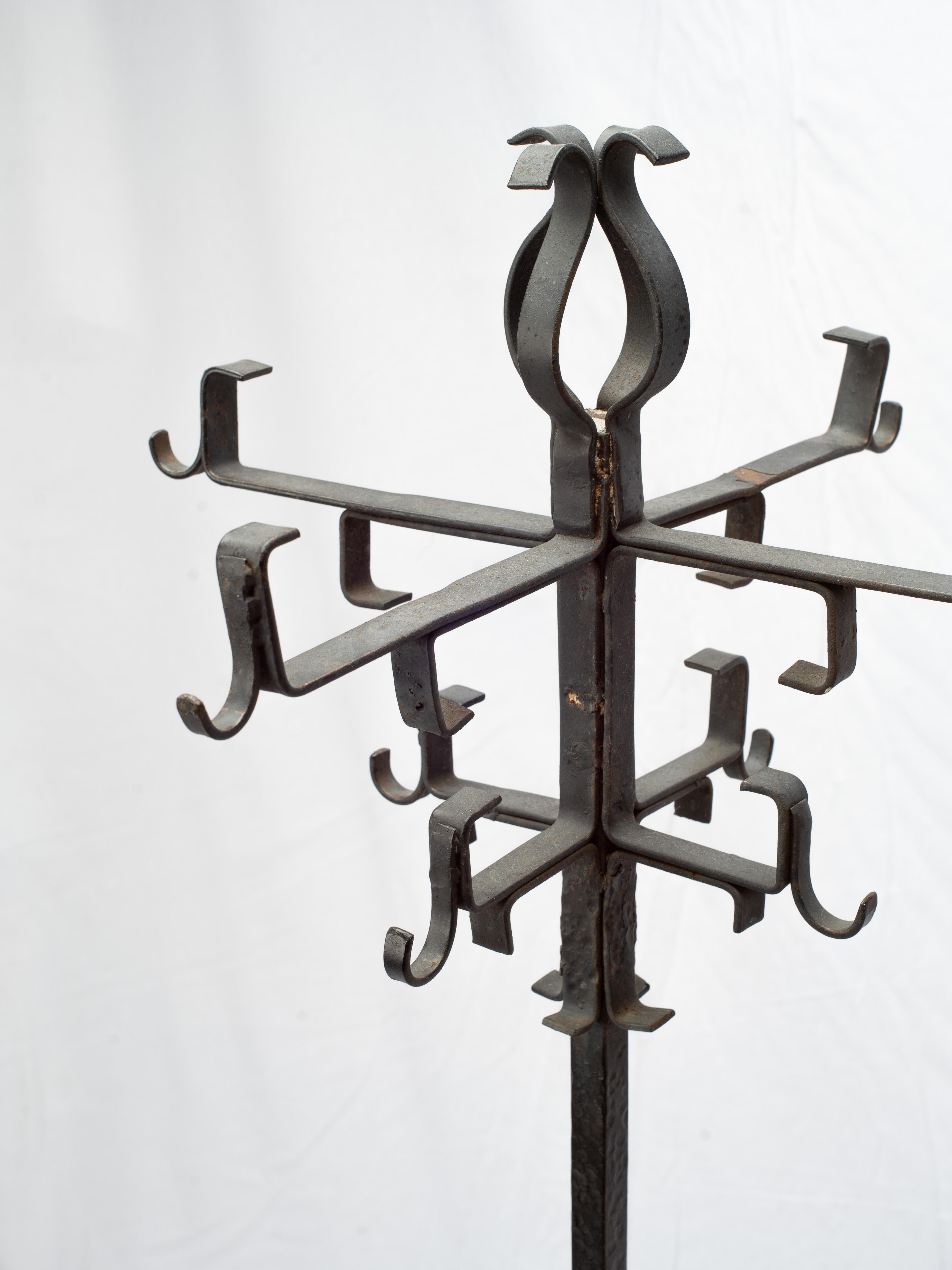 Metalwork Early 20th Century Gothic Revival French Forged Iron Hat And Coat Rack For Sale