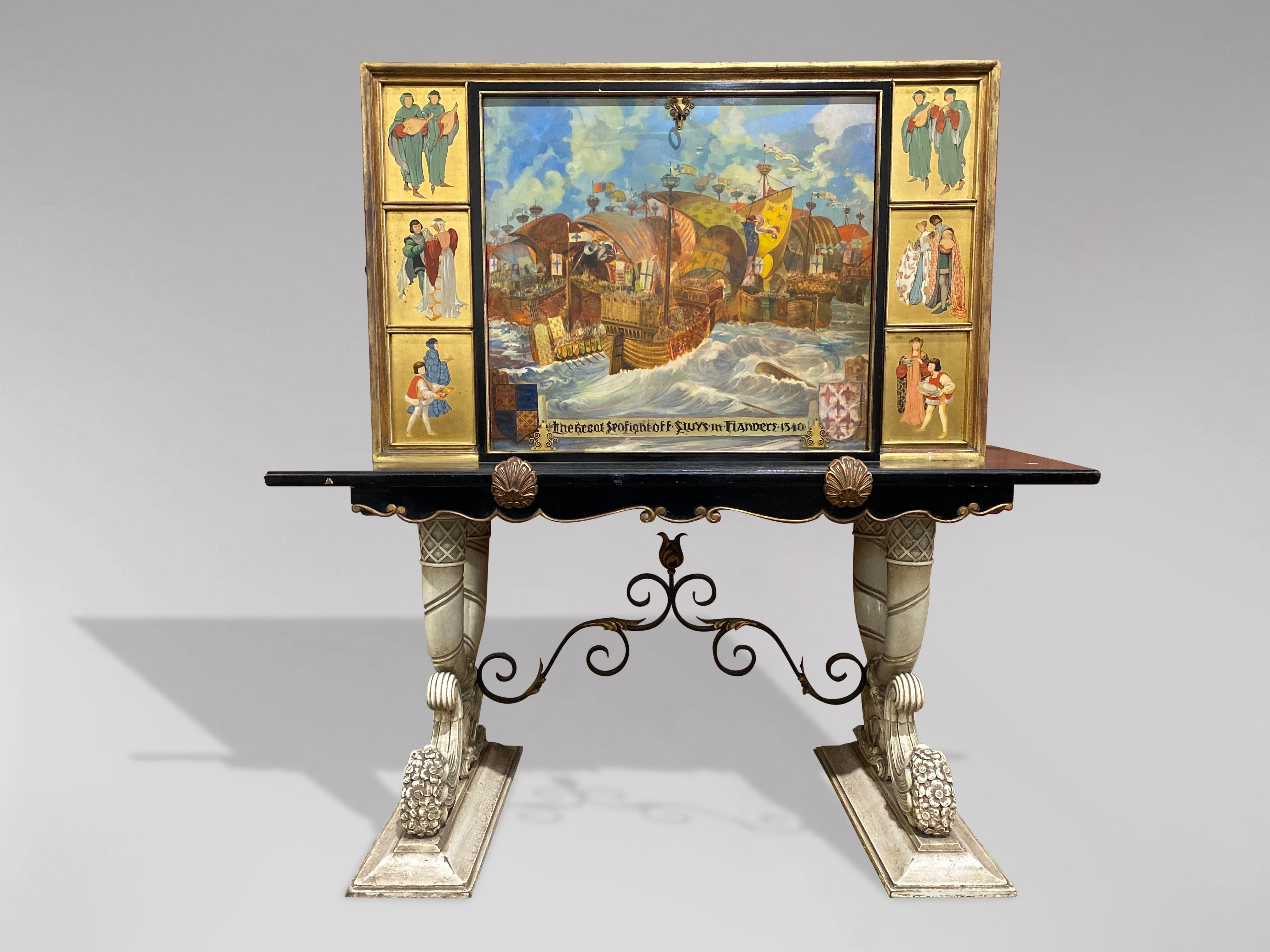 Fabulous and very decorative Gothic Revival painted cabinet on stand. First half of the 20th century. 

Provenance: Originally conceived as an exhbition piece made by the Decoene furniture factory in Kortrijk (Belgium), to be exhibited in Antwerp.