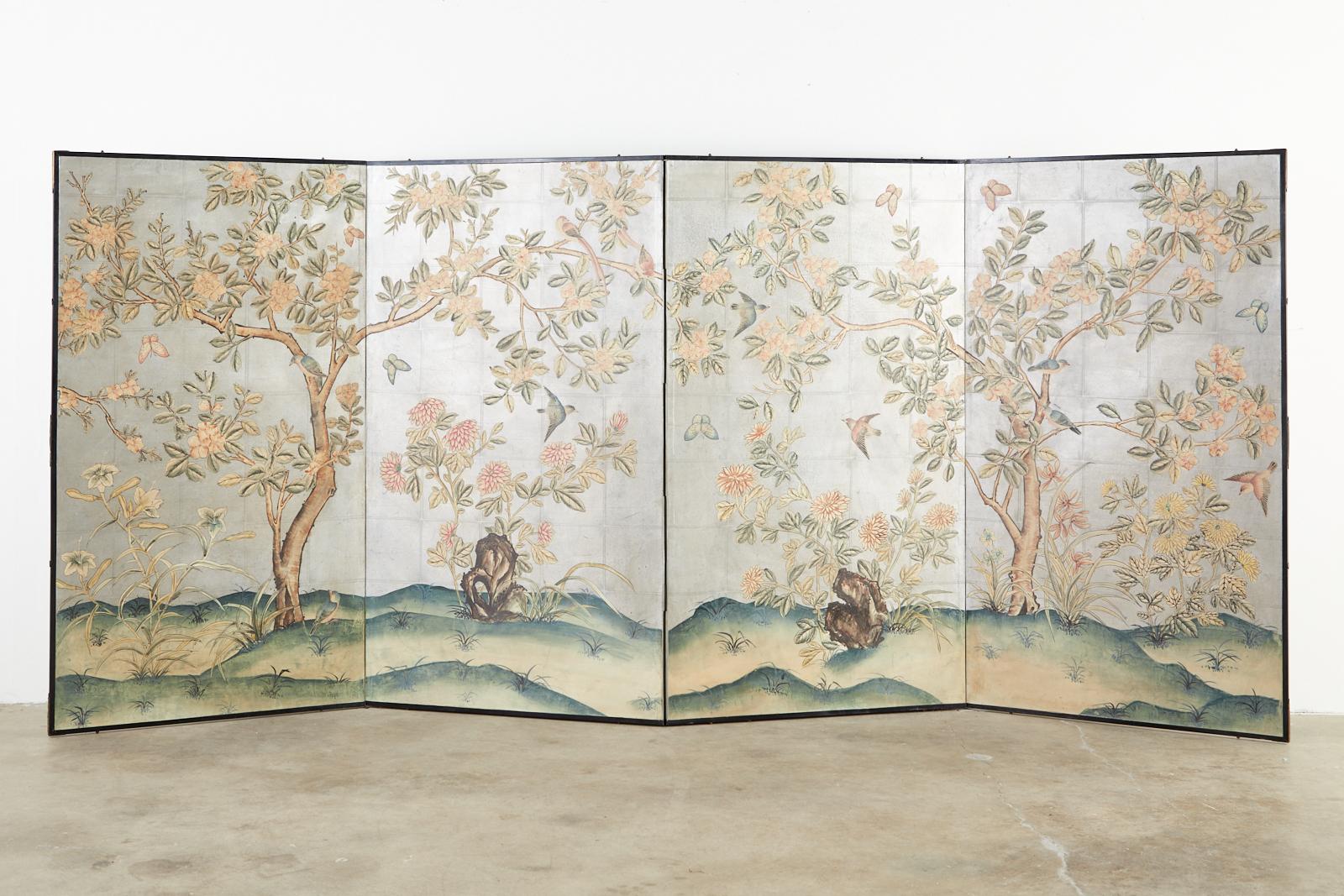 Fantastic Chinese early 20th century hand painted wallpaper panels mounted in a four-panel screen. Made in the manner and style of Gracie in the chinoiserie revival period mid-19th century through the early 20th century of Europe and the United