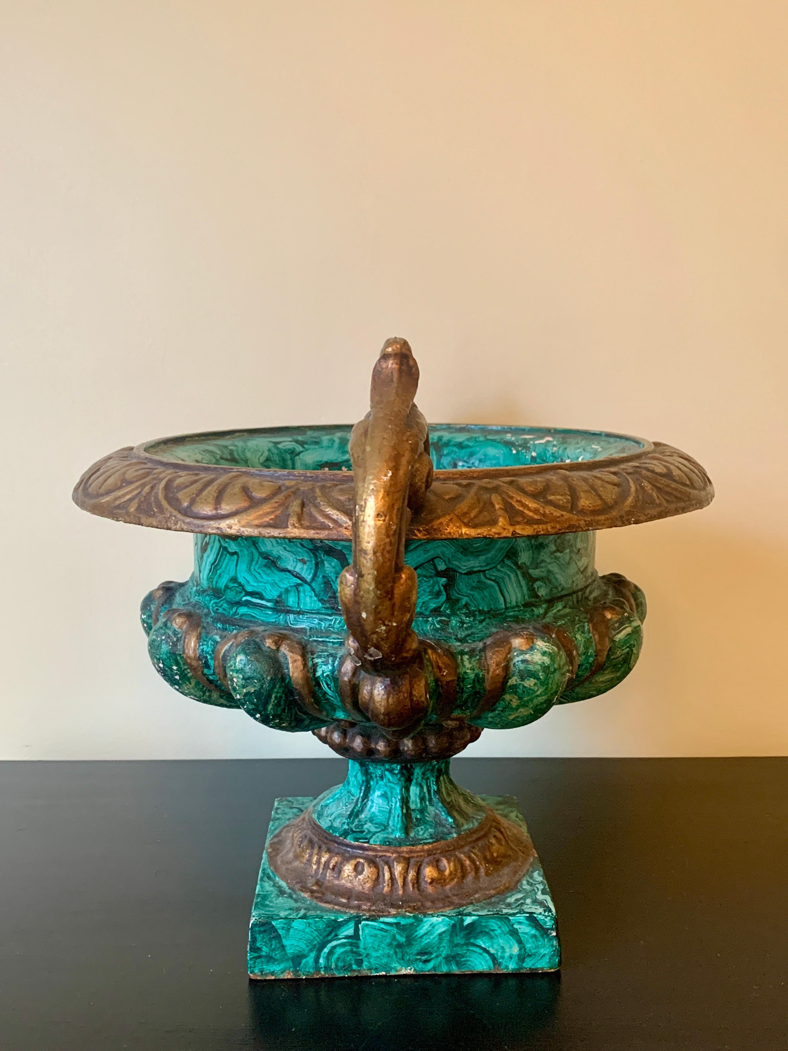 Early 20th Century Grand Tour Classical Faux Malachite Cast Iron Urn For Sale 7