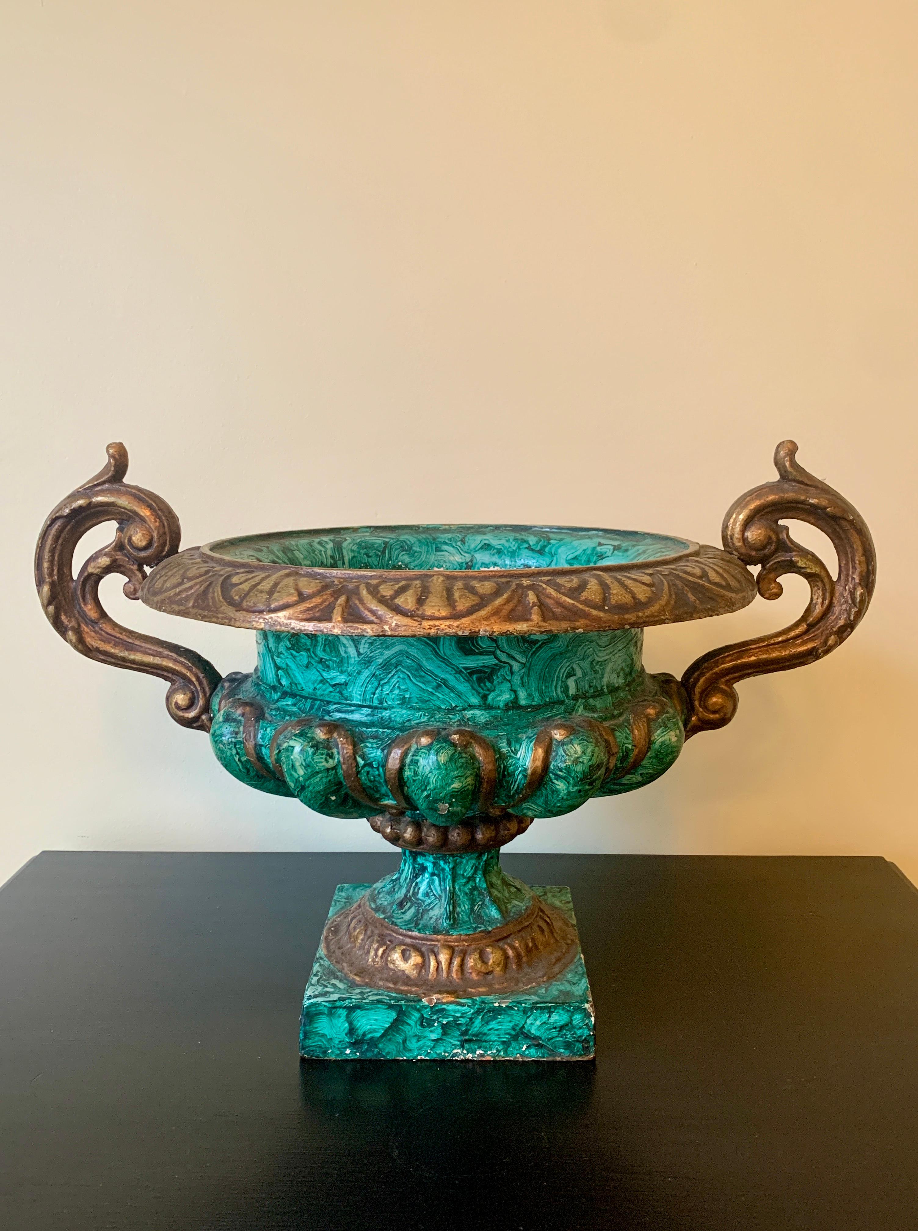 A stunning Grand Tour Neoclassical vase, urn, or planter. 

Italy, Circa Early-20th Century

Cast iron, with a hand-painted faux malachite pattern, and gold handles & rims

Measures: 18.25