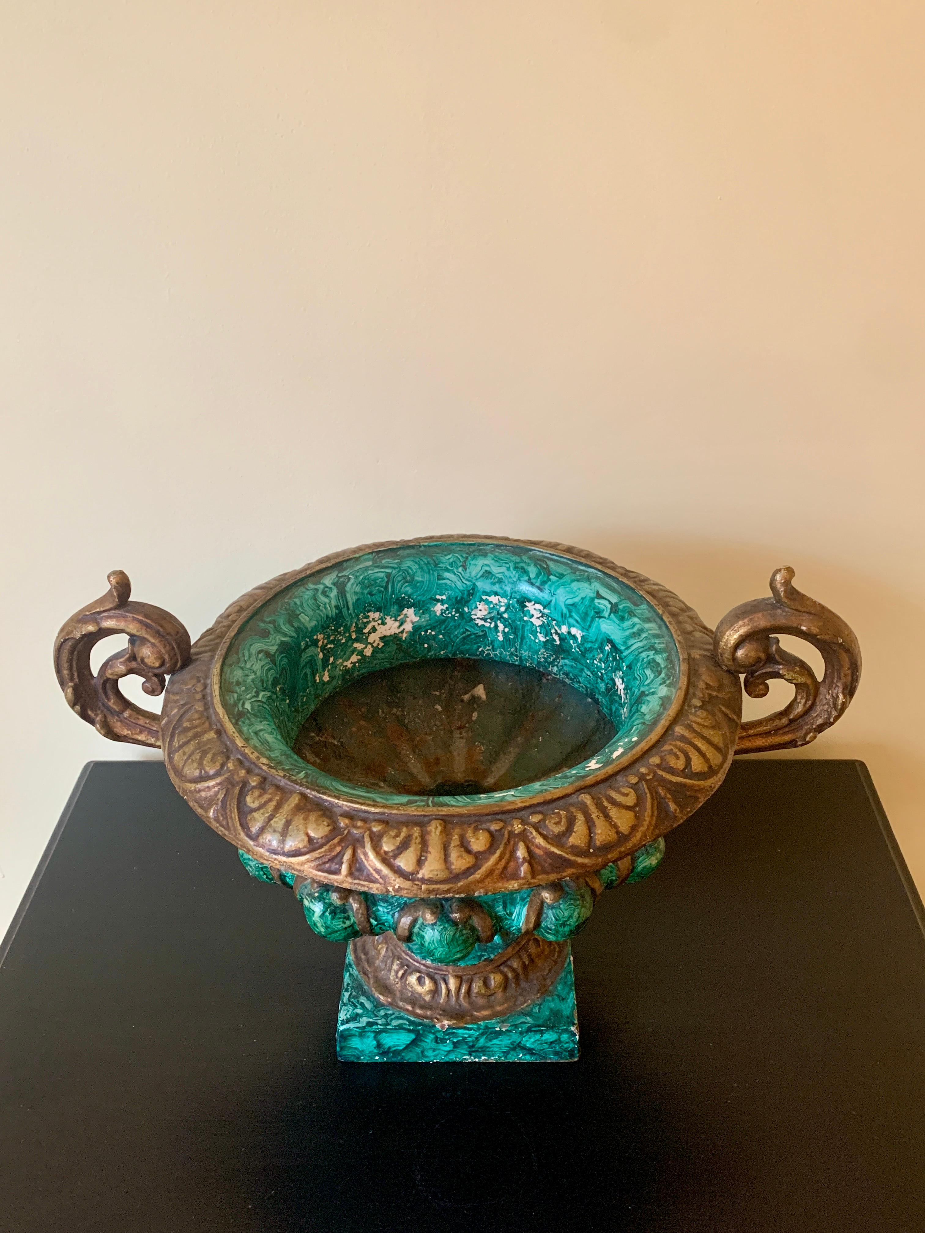 Italian Early 20th Century Grand Tour Classical Faux Malachite Cast Iron Urn For Sale