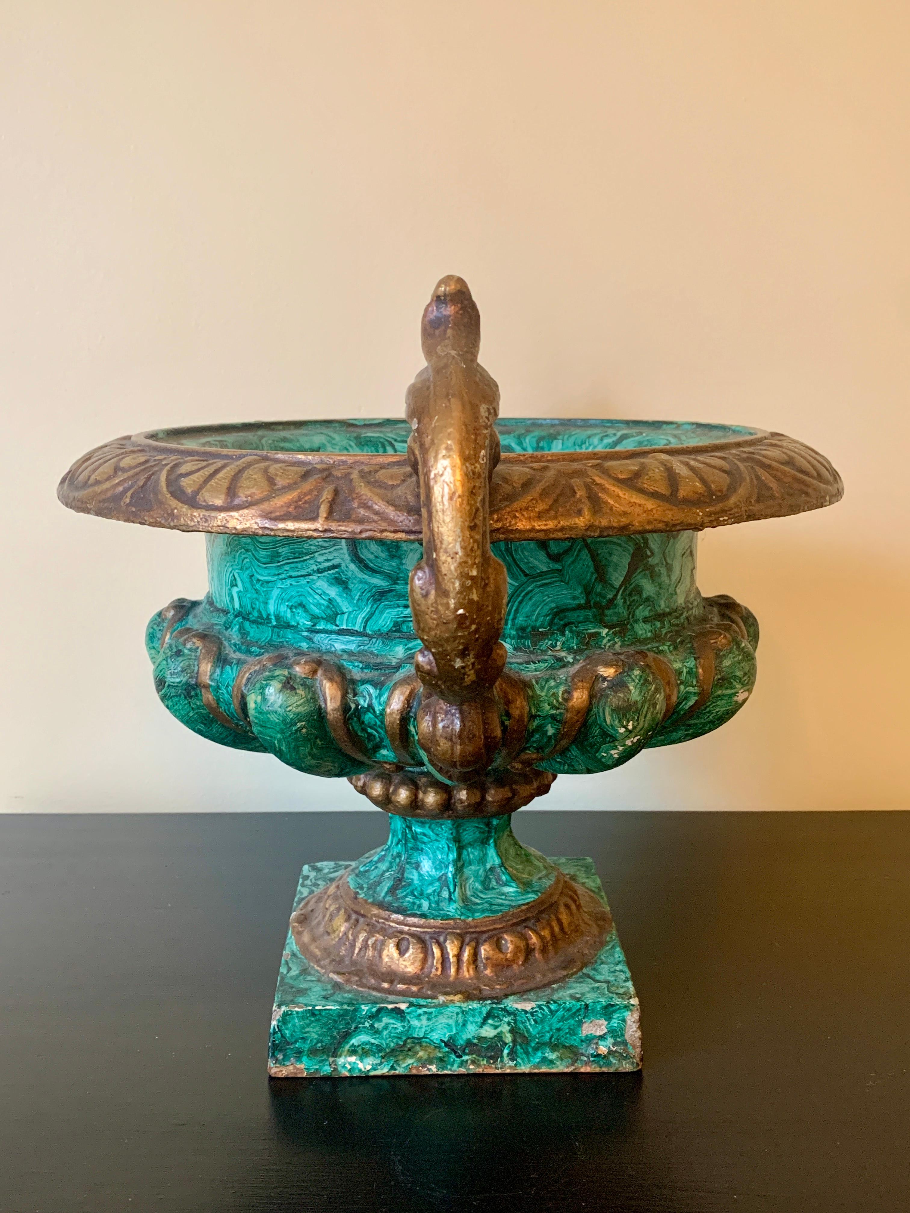 Early 20th Century Grand Tour Classical Faux Malachite Cast Iron Urn For Sale 5