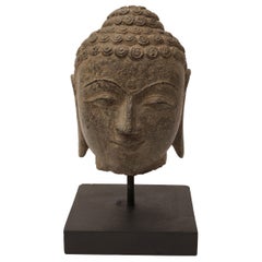 Early 20th Century Granite Buddha Head, Southeast Asia