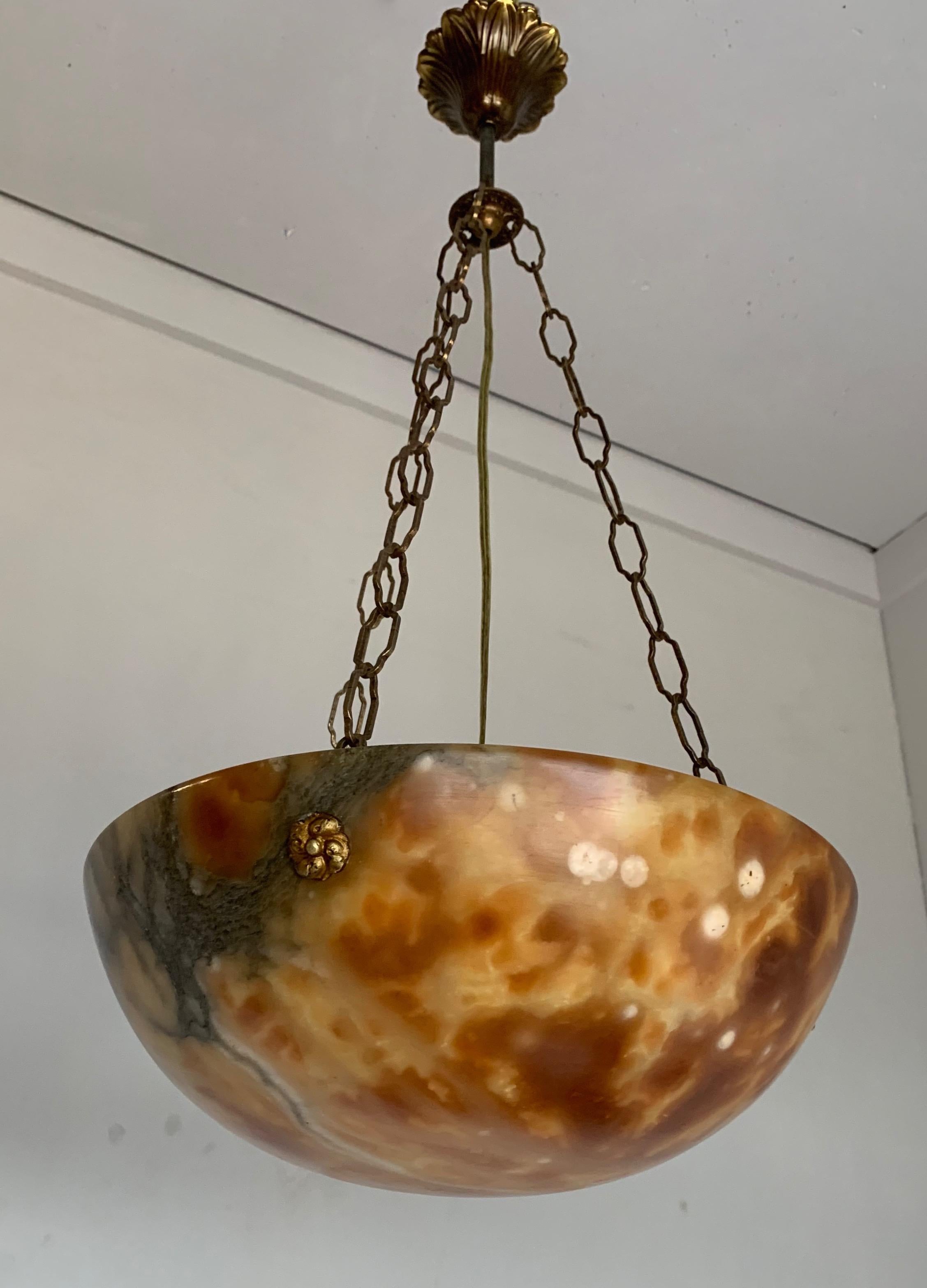 Early 20th Century Great Color Art Deco Alabaster fixture & Brass Chain & Canopy For Sale 8